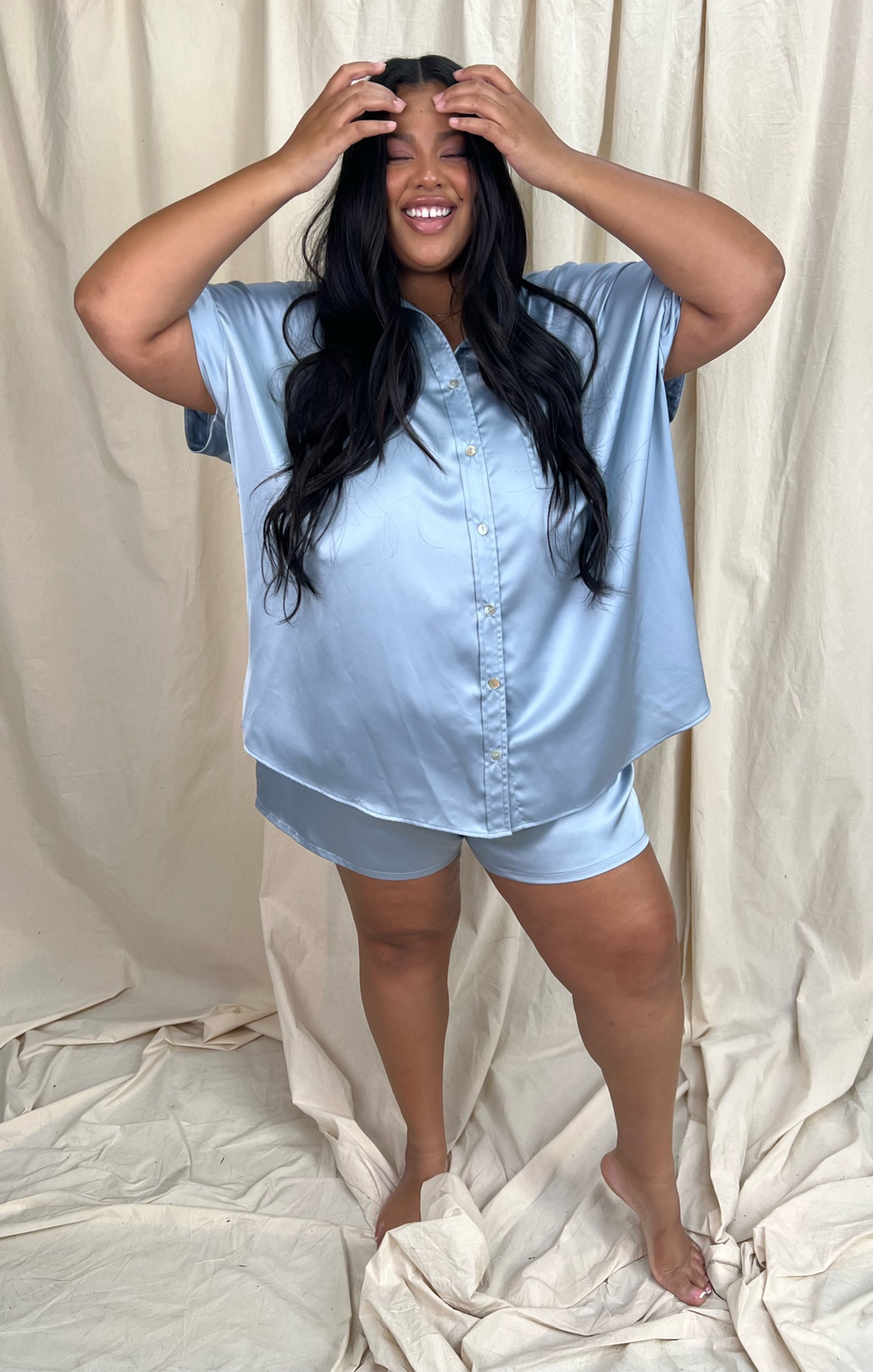 Steel Blue Satin Lounge Shorts | Glam Time Elastic Waist Pajamas
