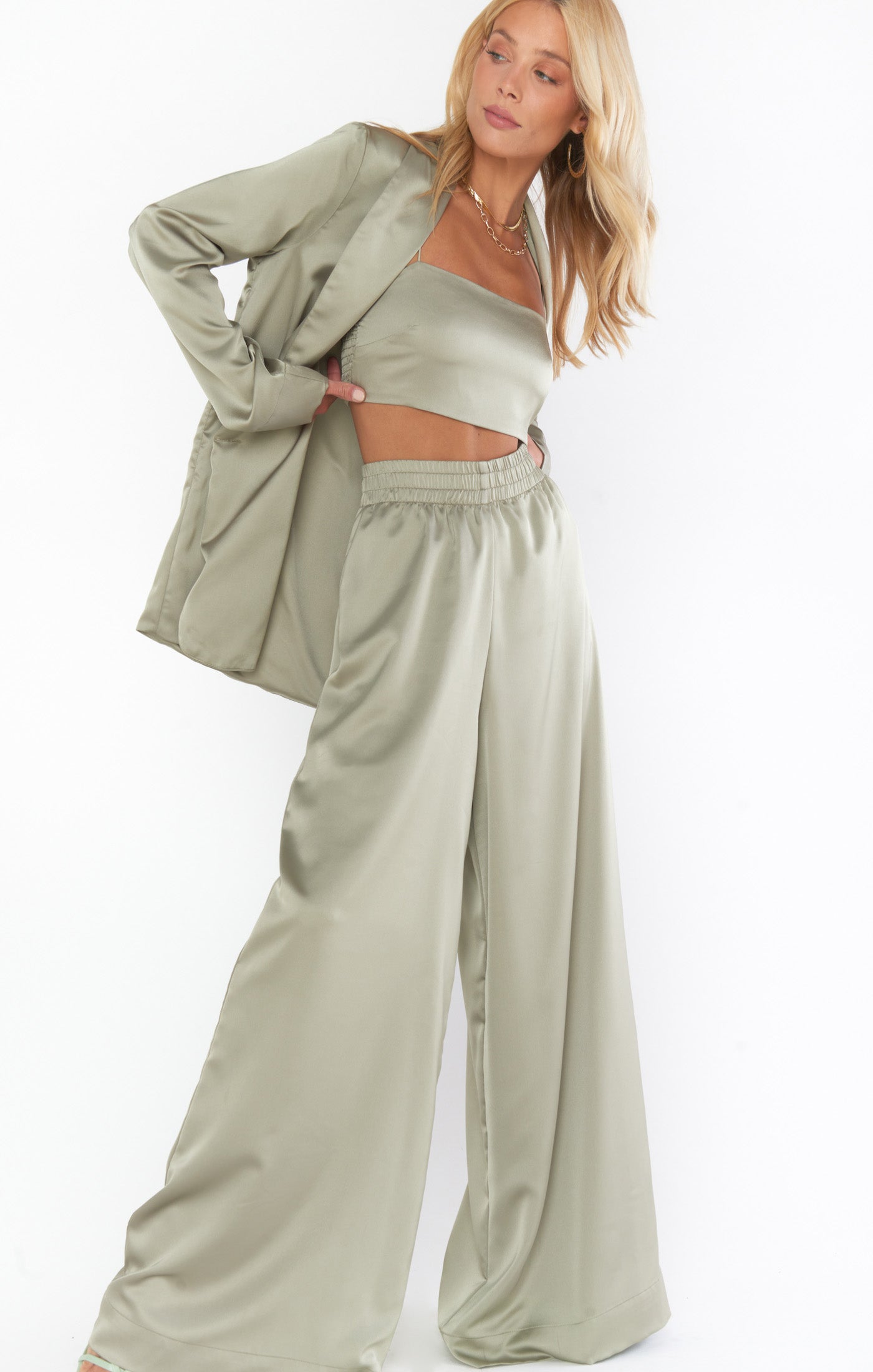 Irwin Satin Pants in Moss Green with Elastic Waist