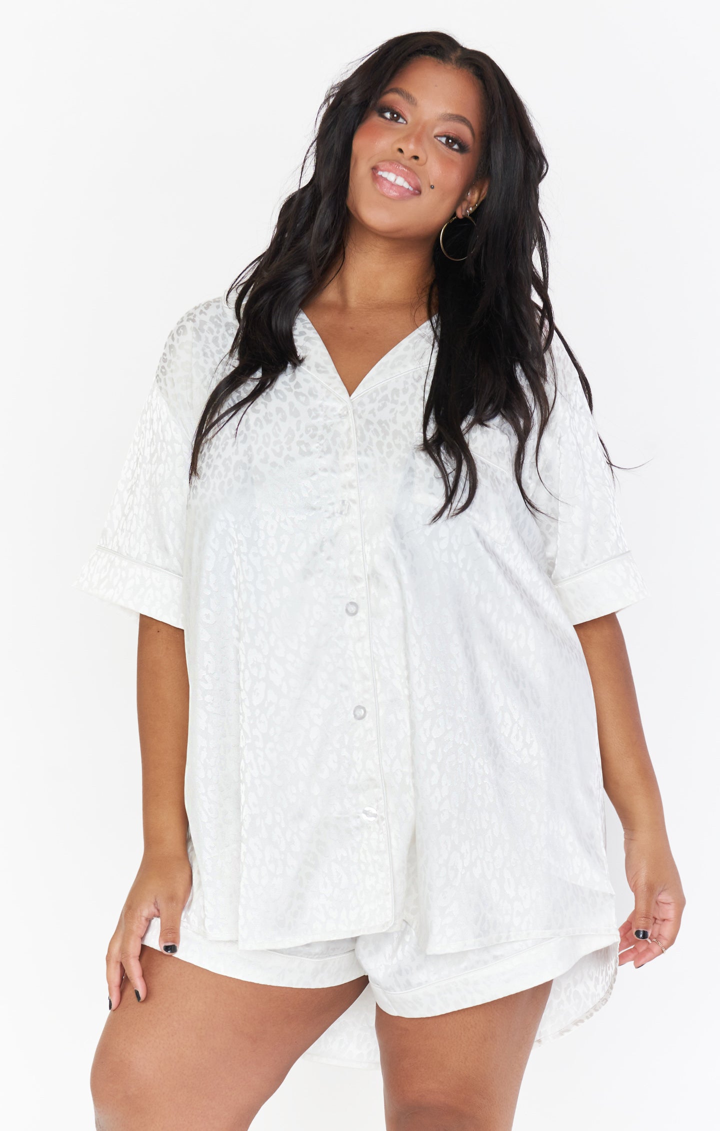 White Cheetah Silky Pajama Set by Mumu - Button Down & Pocket