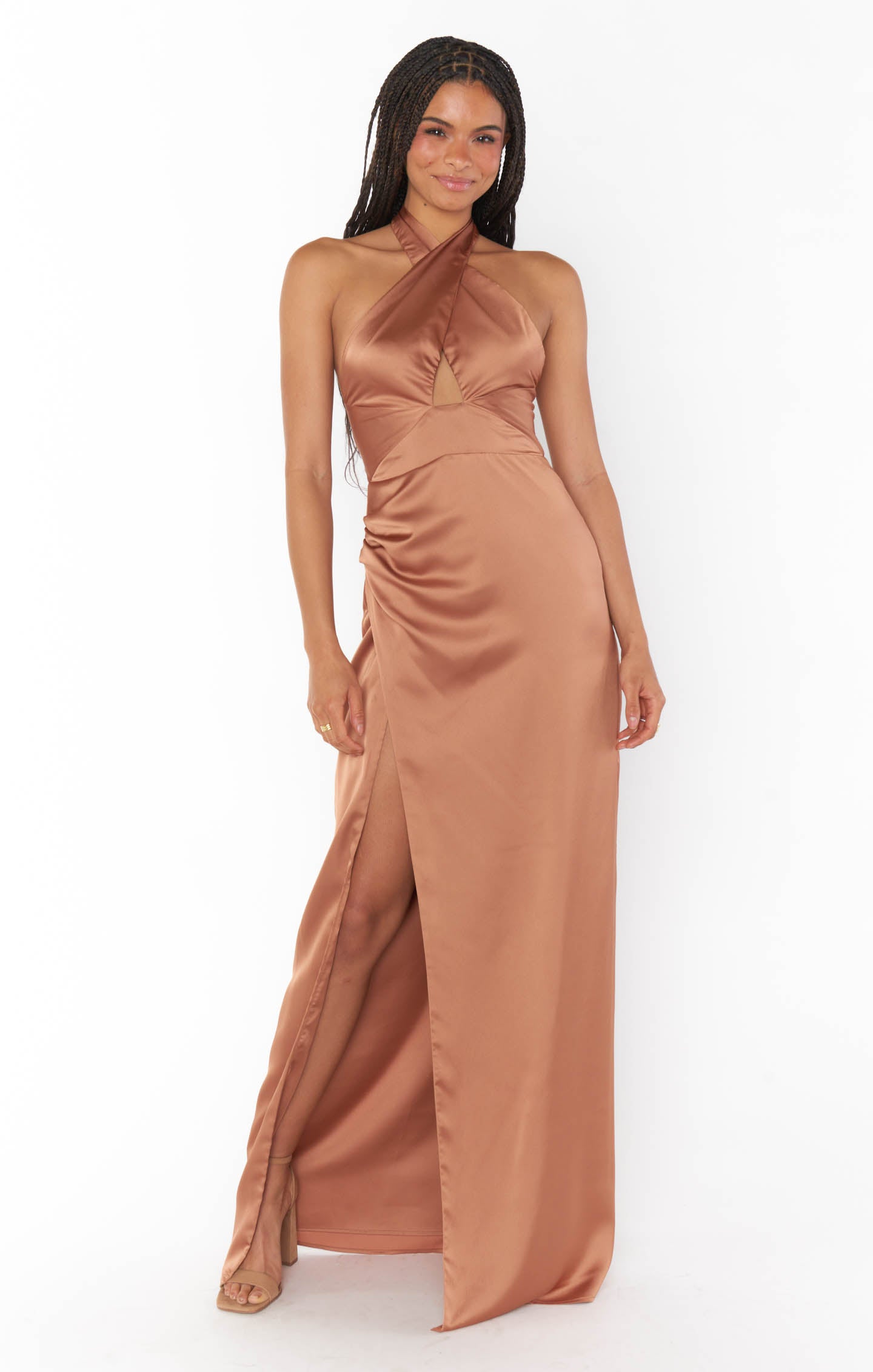 Adele Halter Maxi Dress in Copper Luxe Satin - Backless Evening Gown