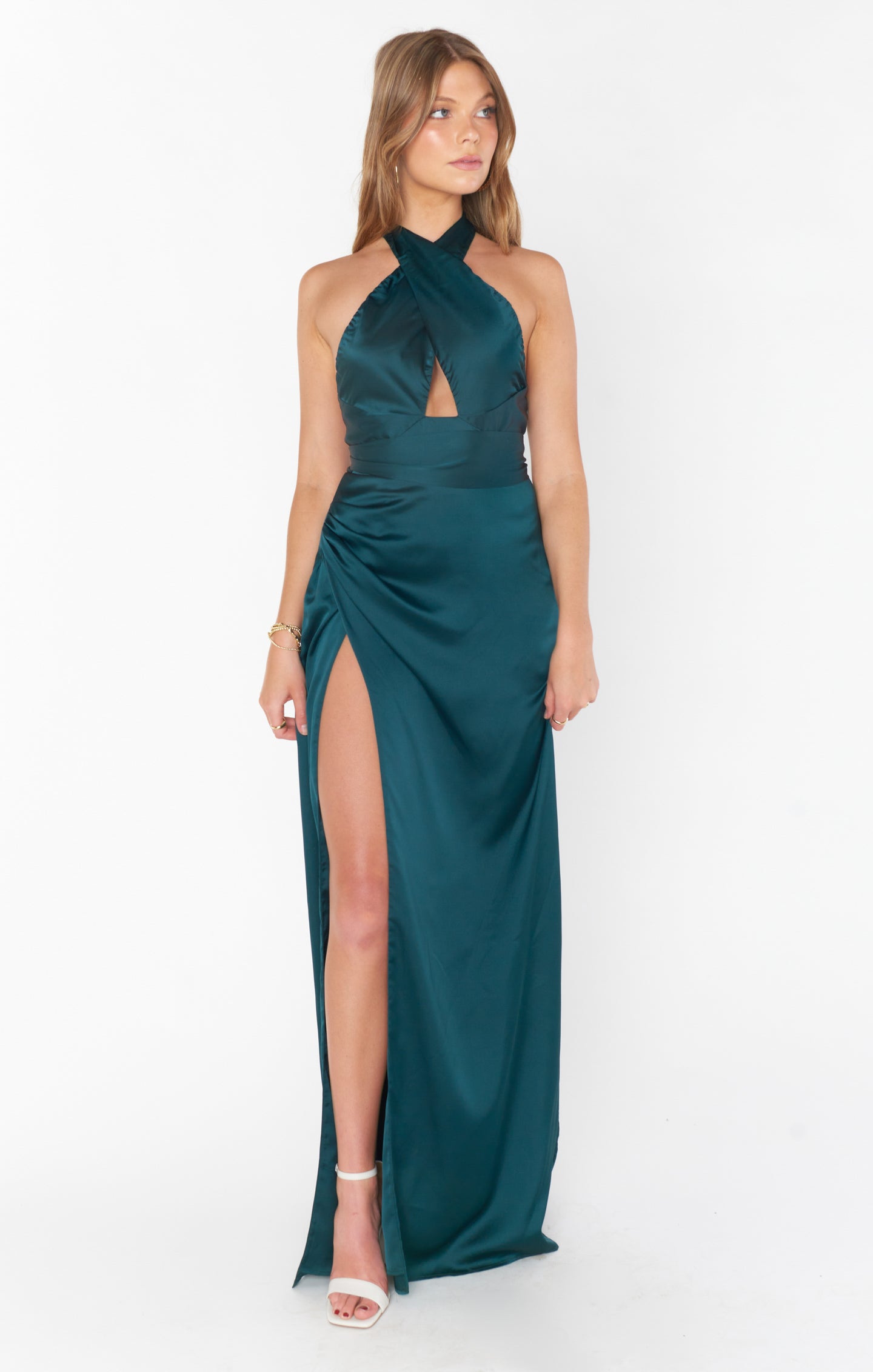 Adele Deep Emerald Satin Halter Maxi Dress with Backless Design