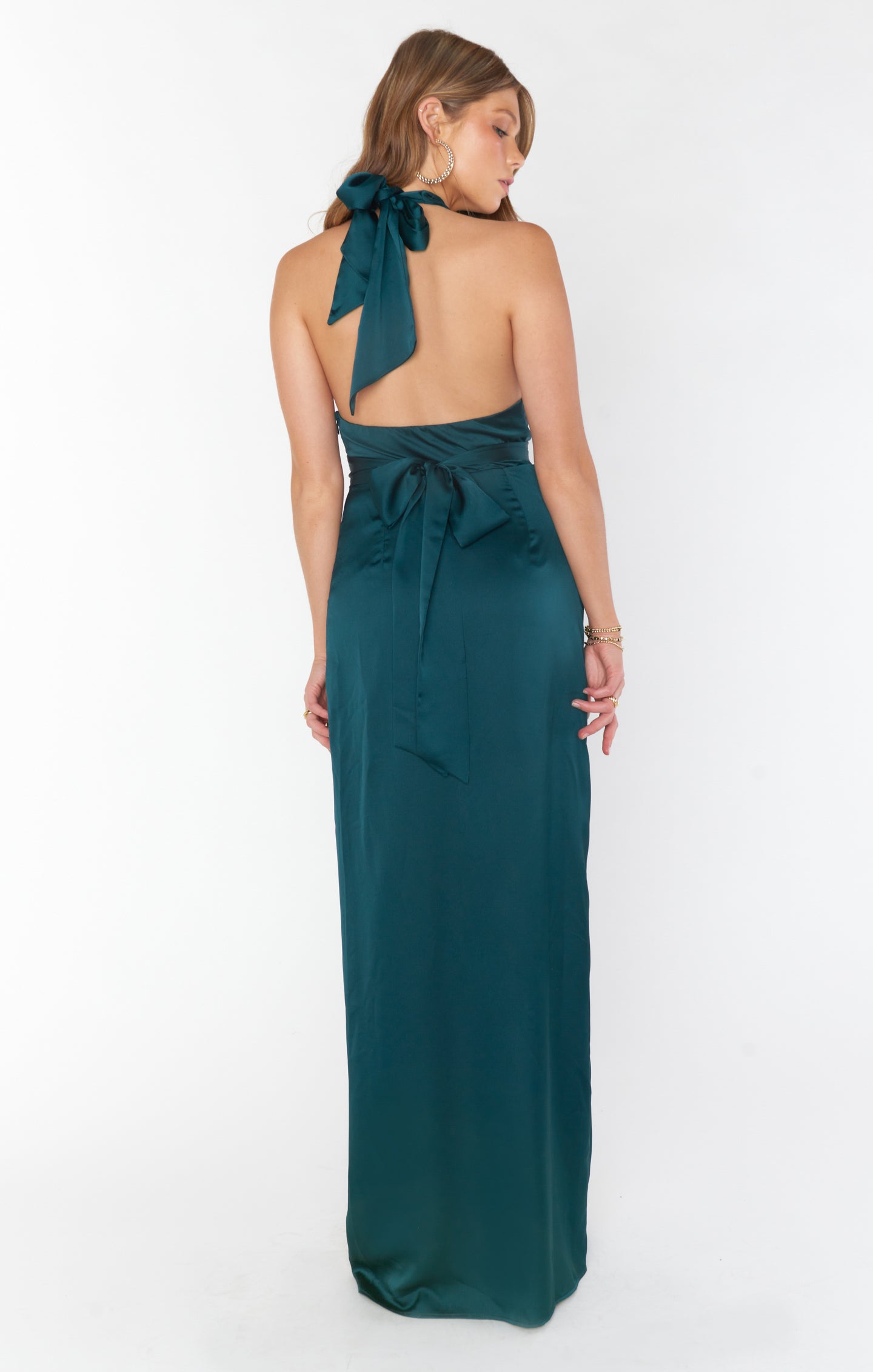 Adele Deep Emerald Satin Halter Maxi Dress with Backless Design