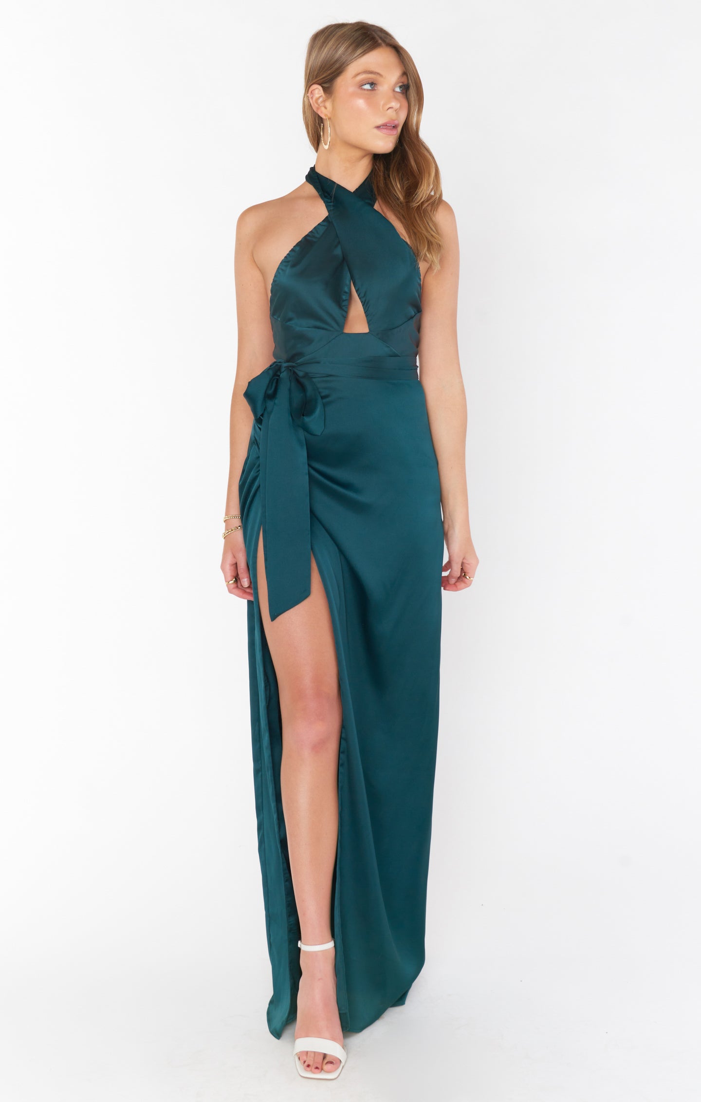 Adele Deep Emerald Satin Halter Maxi Dress with Backless Design