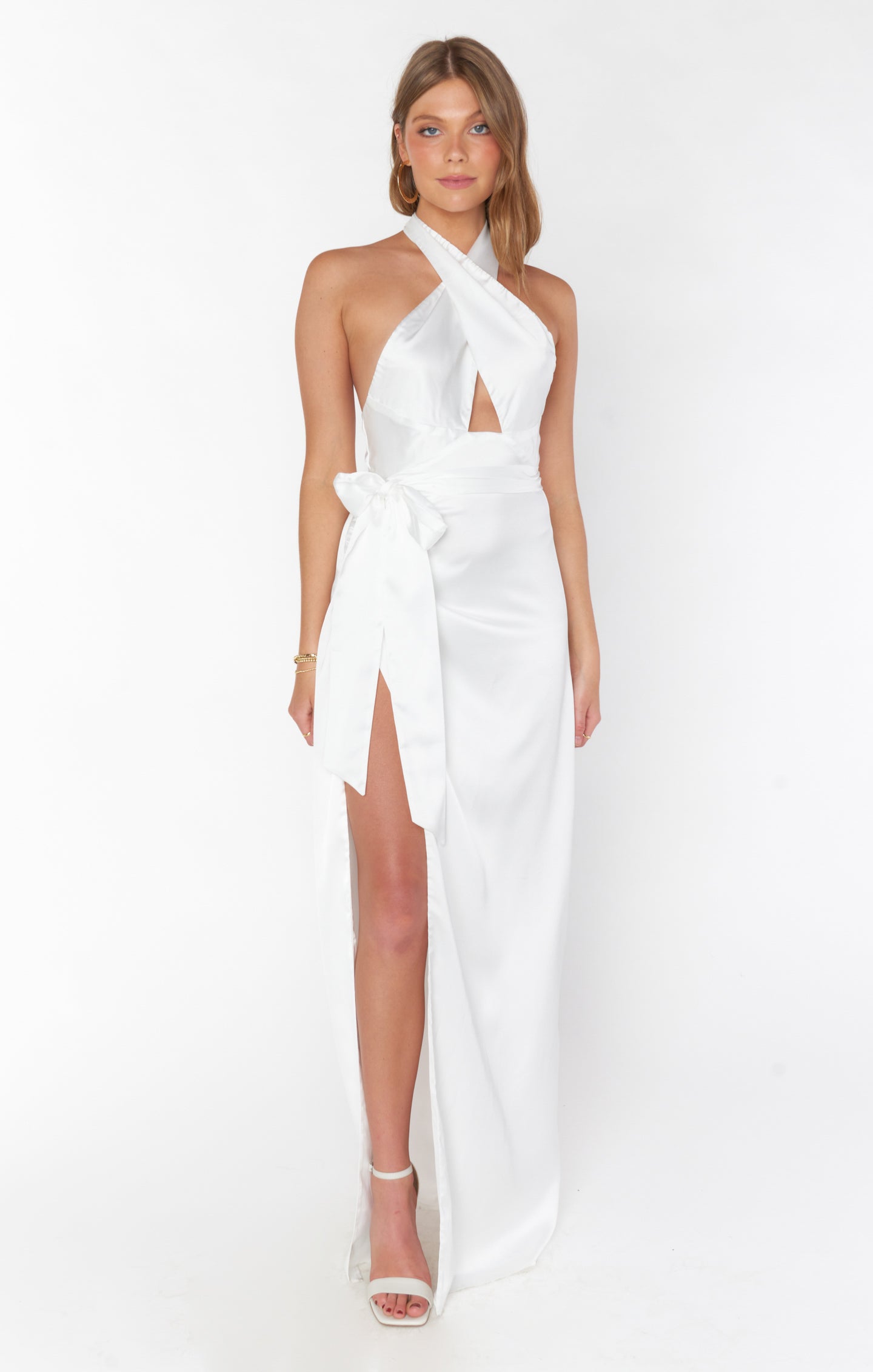 Adele Ivory Satin Halter Maxi Dress with Backless Design