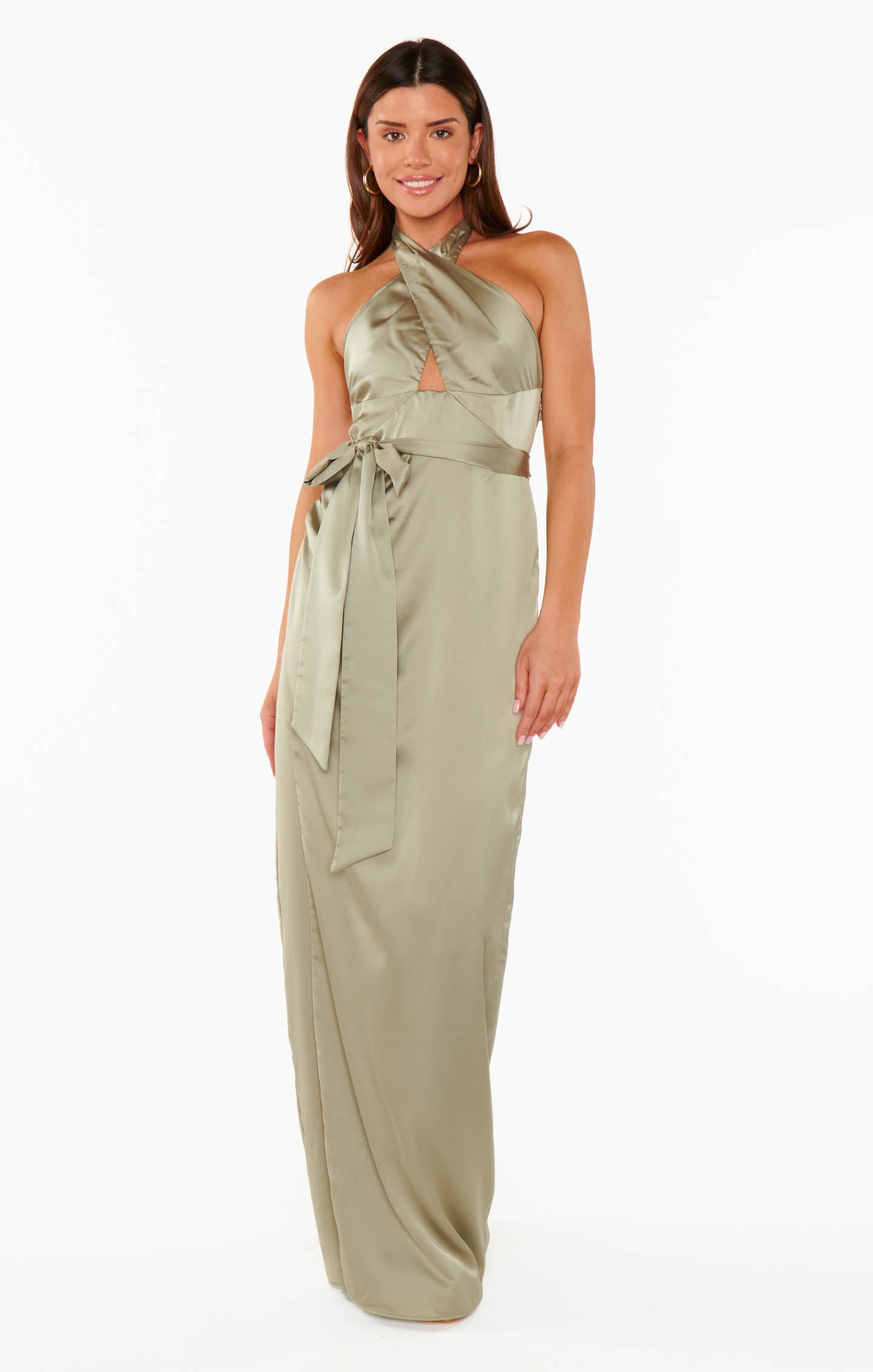 Adele Backless Halter Maxi Dress - Moss Green Satin