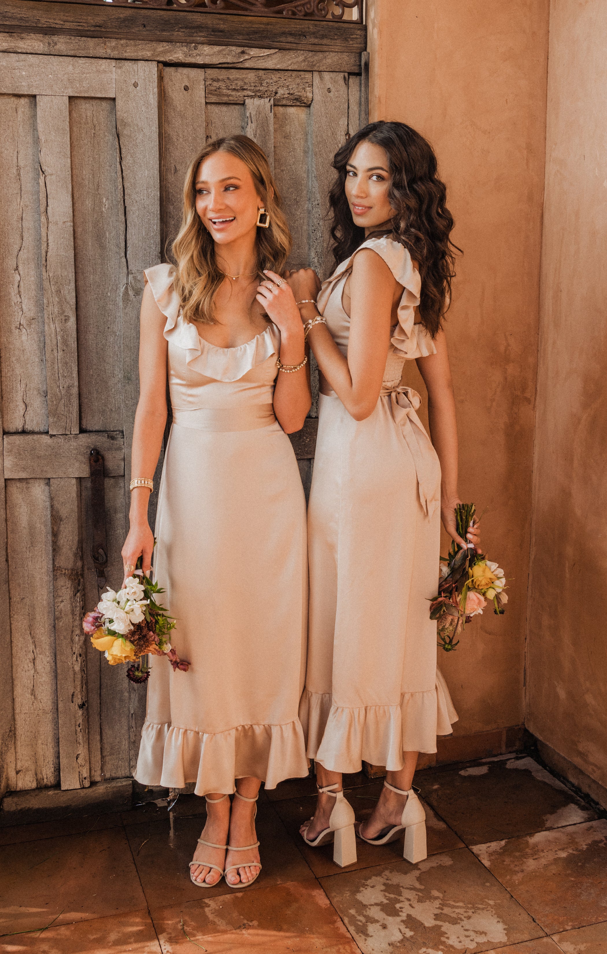 Alexis Champagne Luxe Satin Midi Dress with Ruffles & Smocked Back