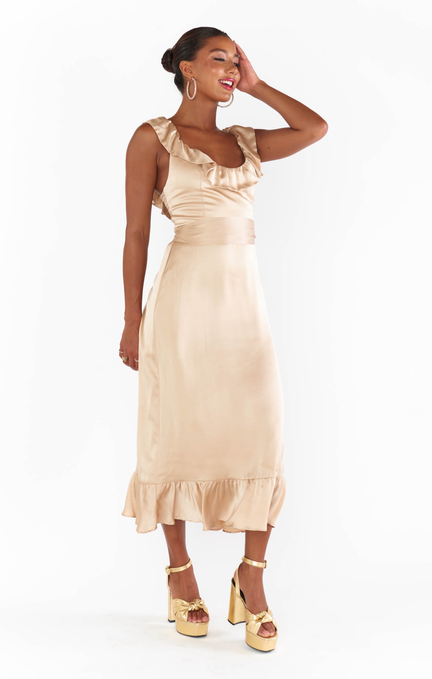 Alexis Champagne Luxe Satin Midi Dress with Ruffles & Smocked Back