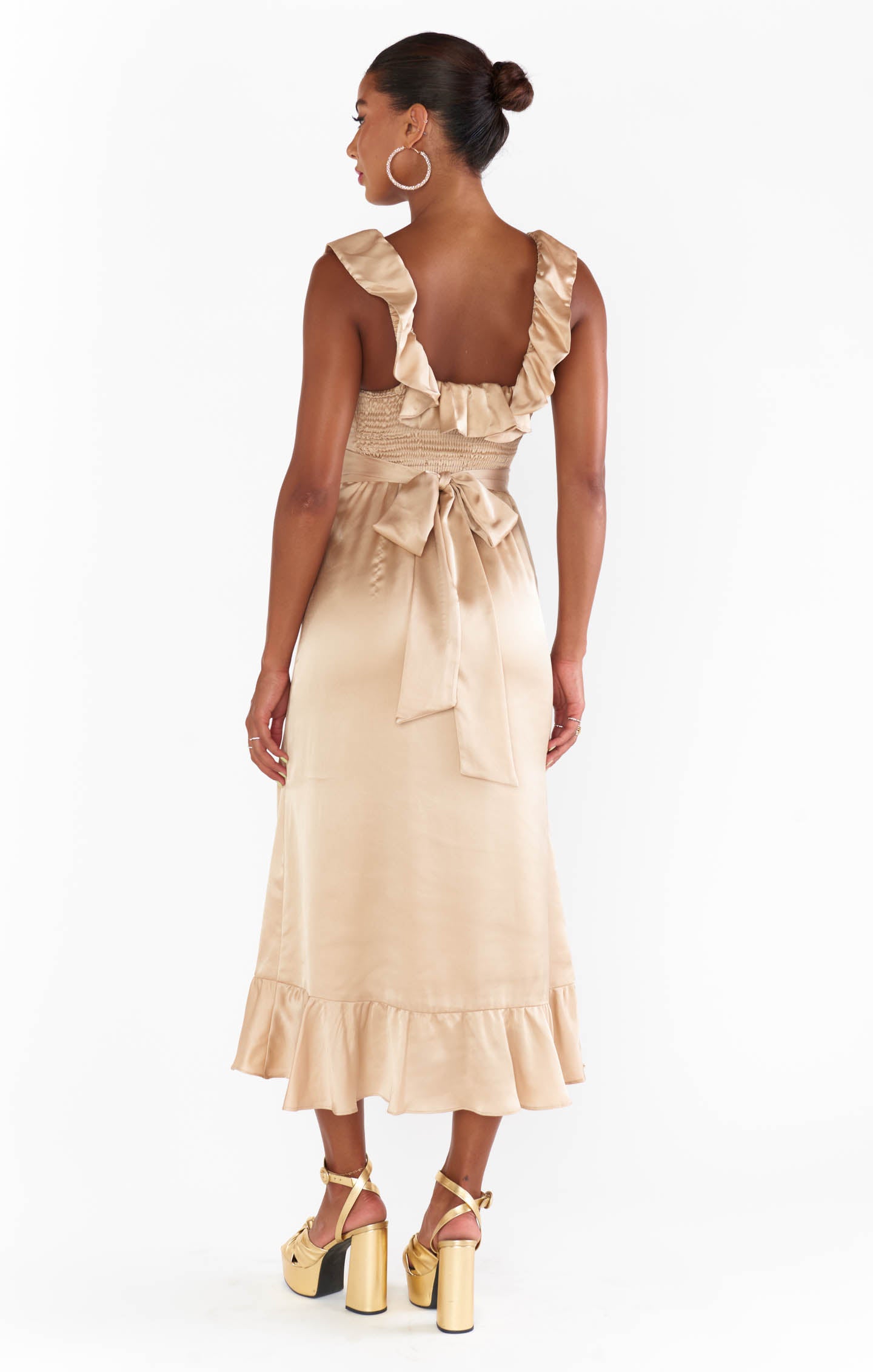 Alexis Champagne Luxe Satin Midi Dress with Ruffles & Smocked Back
