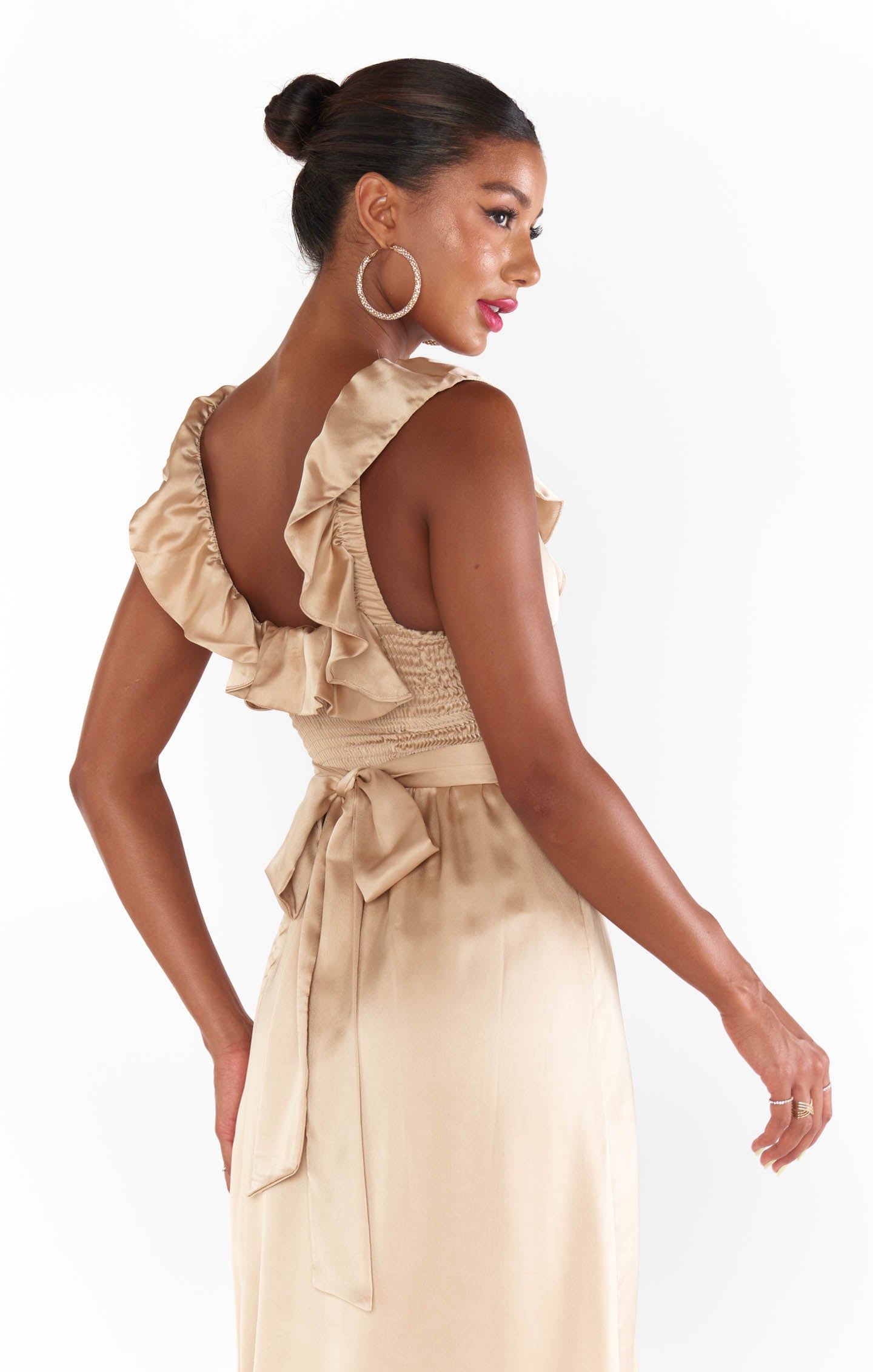 Alexis Champagne Luxe Satin Midi Dress with Ruffles & Smocked Back