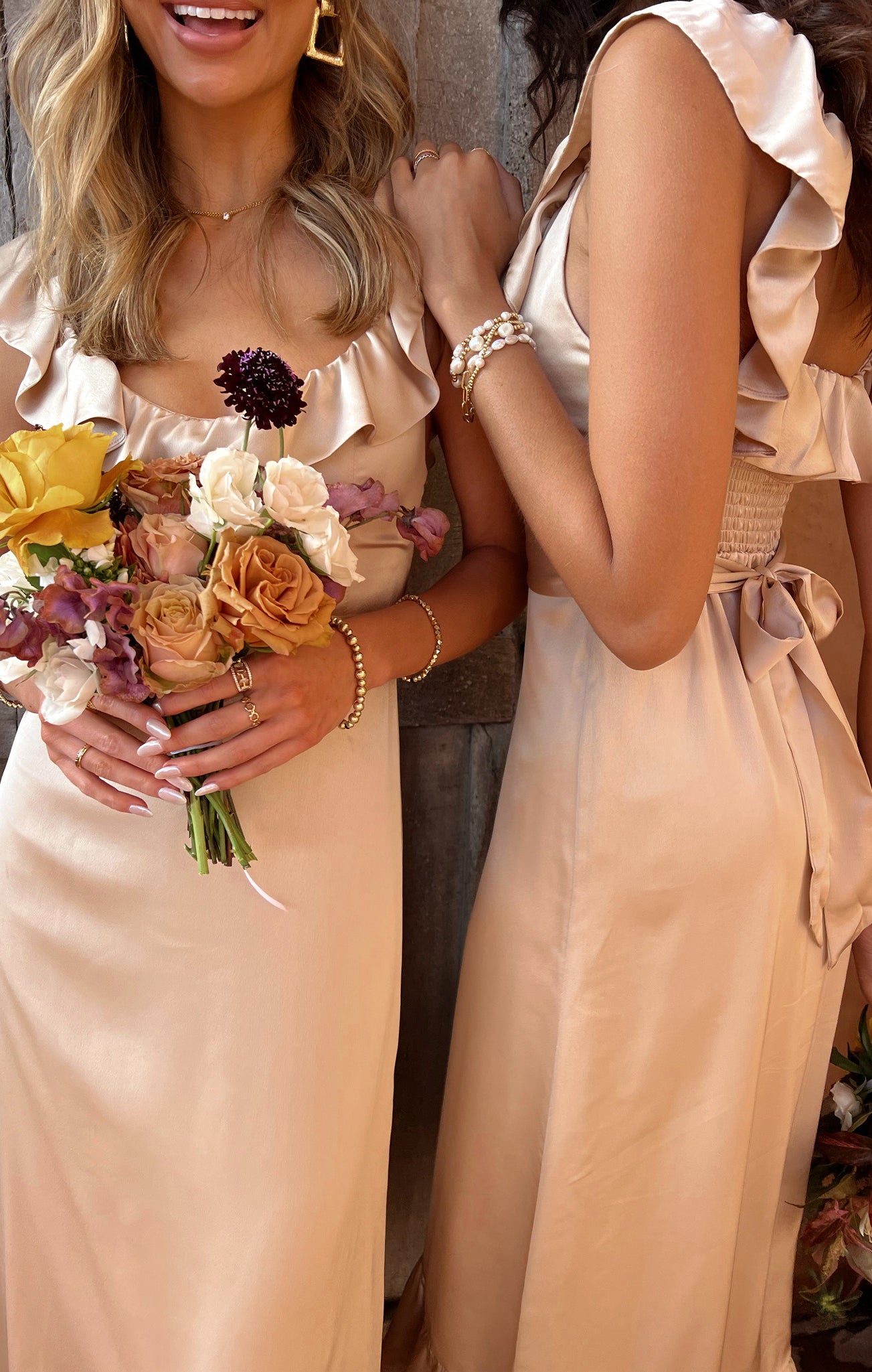 Alexis Champagne Luxe Satin Midi Dress with Ruffles & Smocked Back