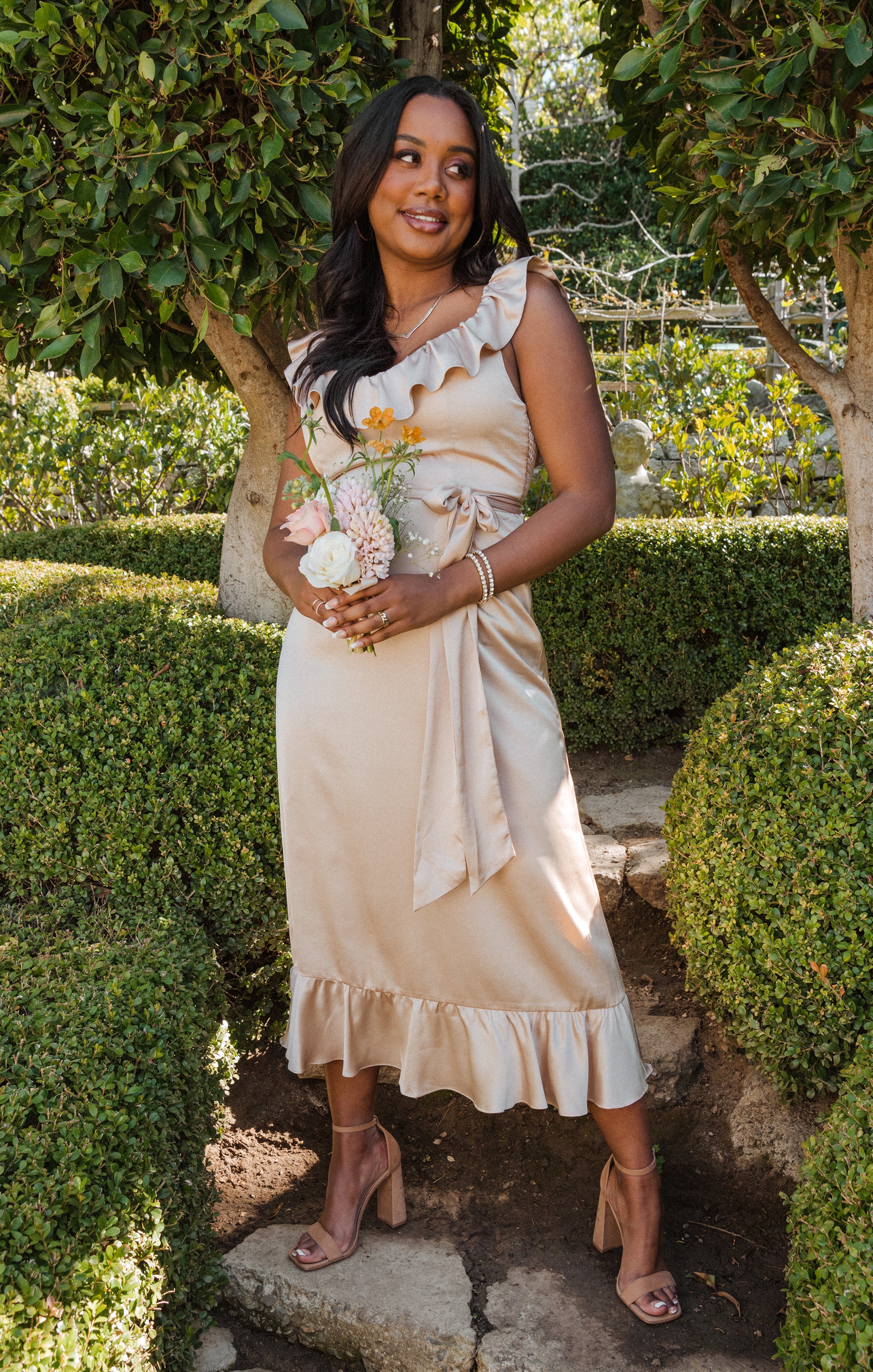Alexis Champagne Luxe Satin Midi Dress with Ruffles & Smocked Back