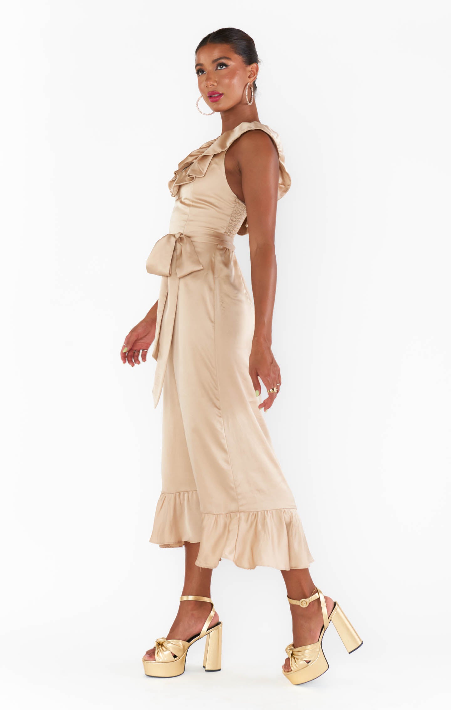 Alexis Champagne Luxe Satin Midi Dress with Ruffles & Smocked Back