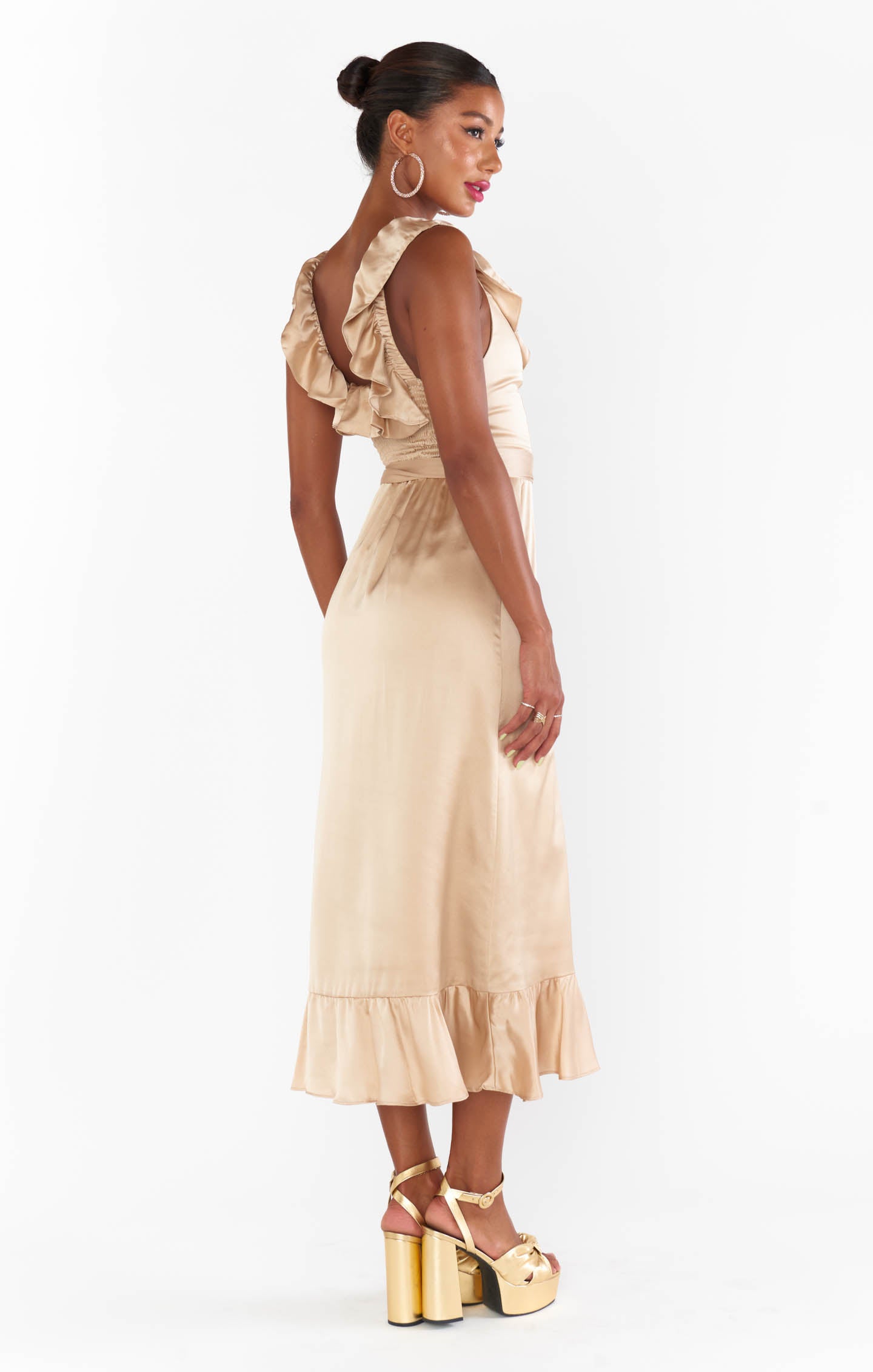 Alexis Champagne Luxe Satin Midi Dress with Ruffles & Smocked Back