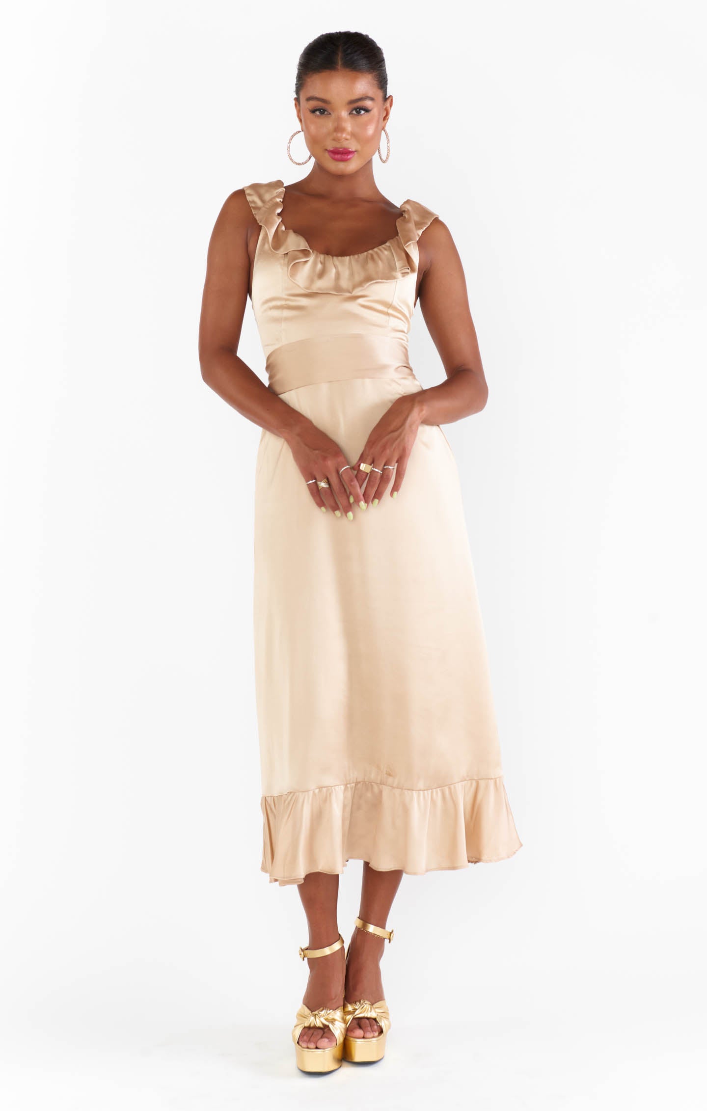 Alexis Champagne Luxe Satin Midi Dress with Ruffles & Smocked Back