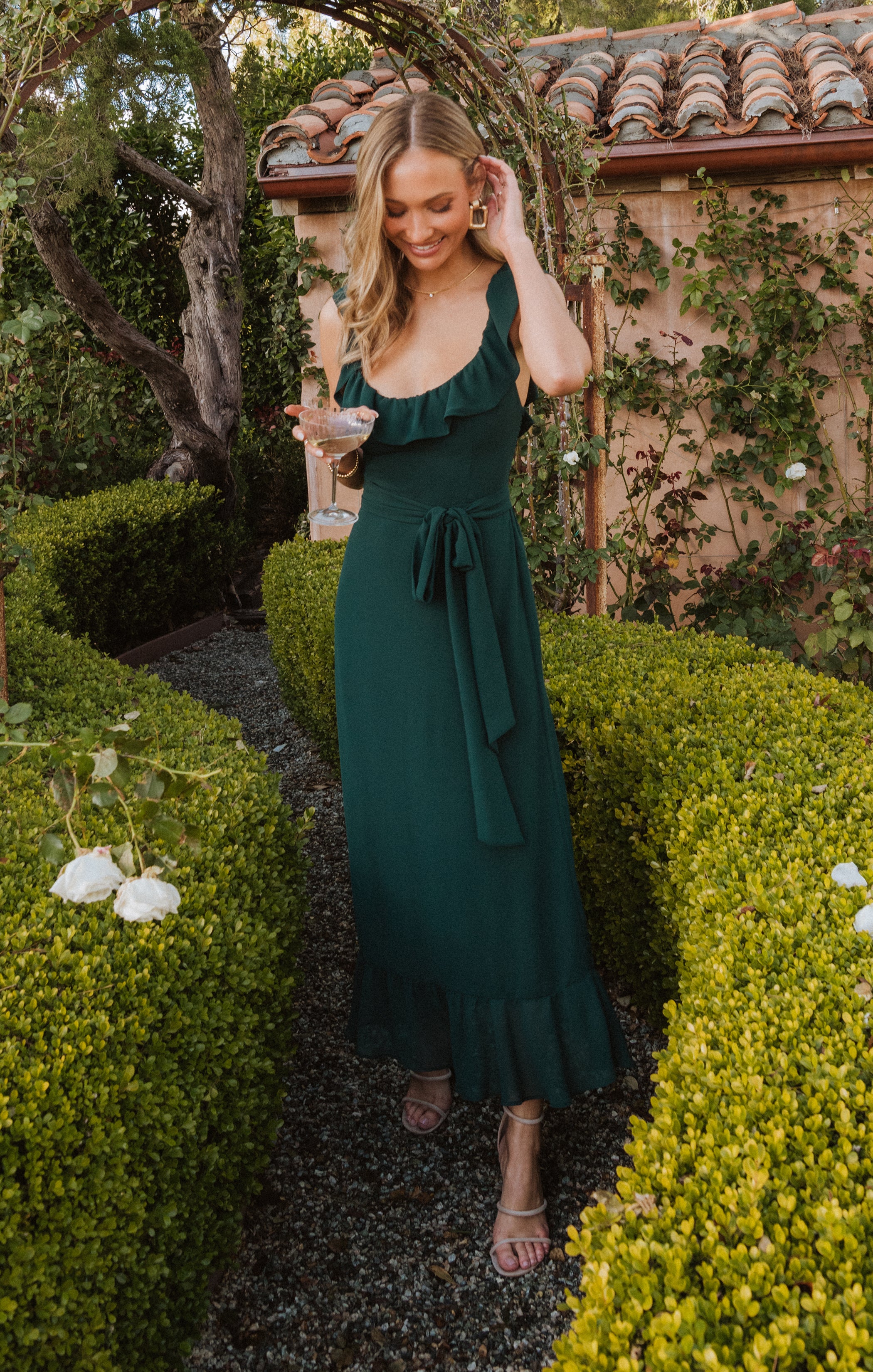 Emerald Chiffon Midi Dress with Ruffles & Waist Ribbon