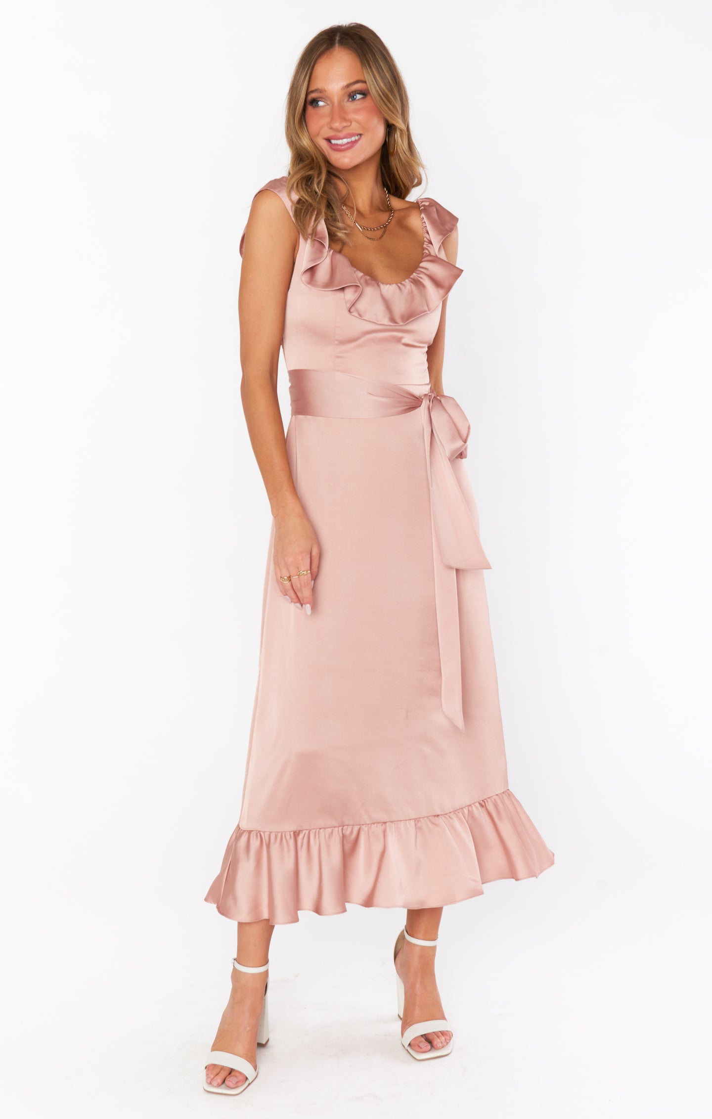Alexis Ruffled Satin Midi Dress with Waist Ribbon
