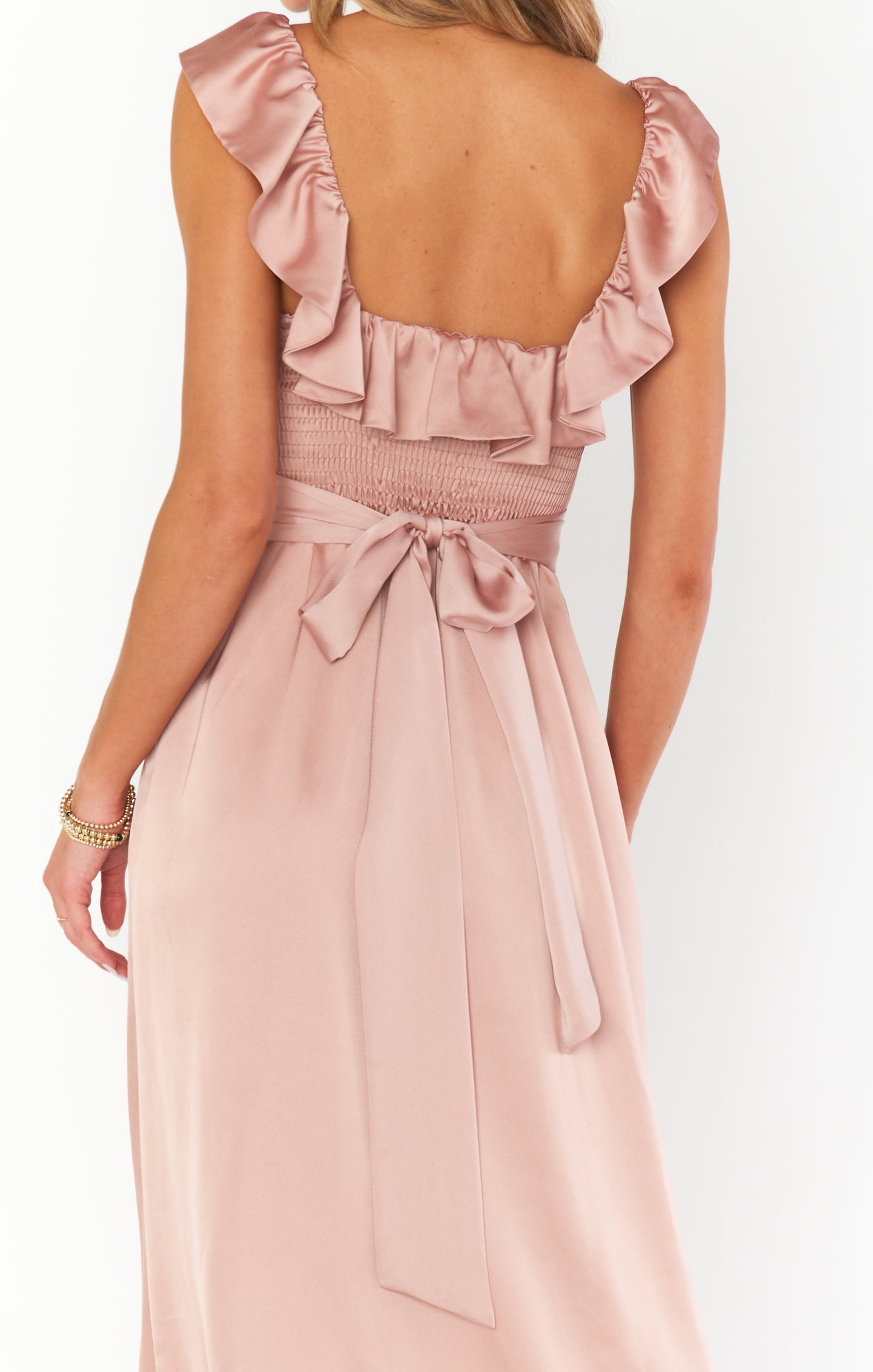Alexis Ruffled Satin Midi Dress with Waist Ribbon