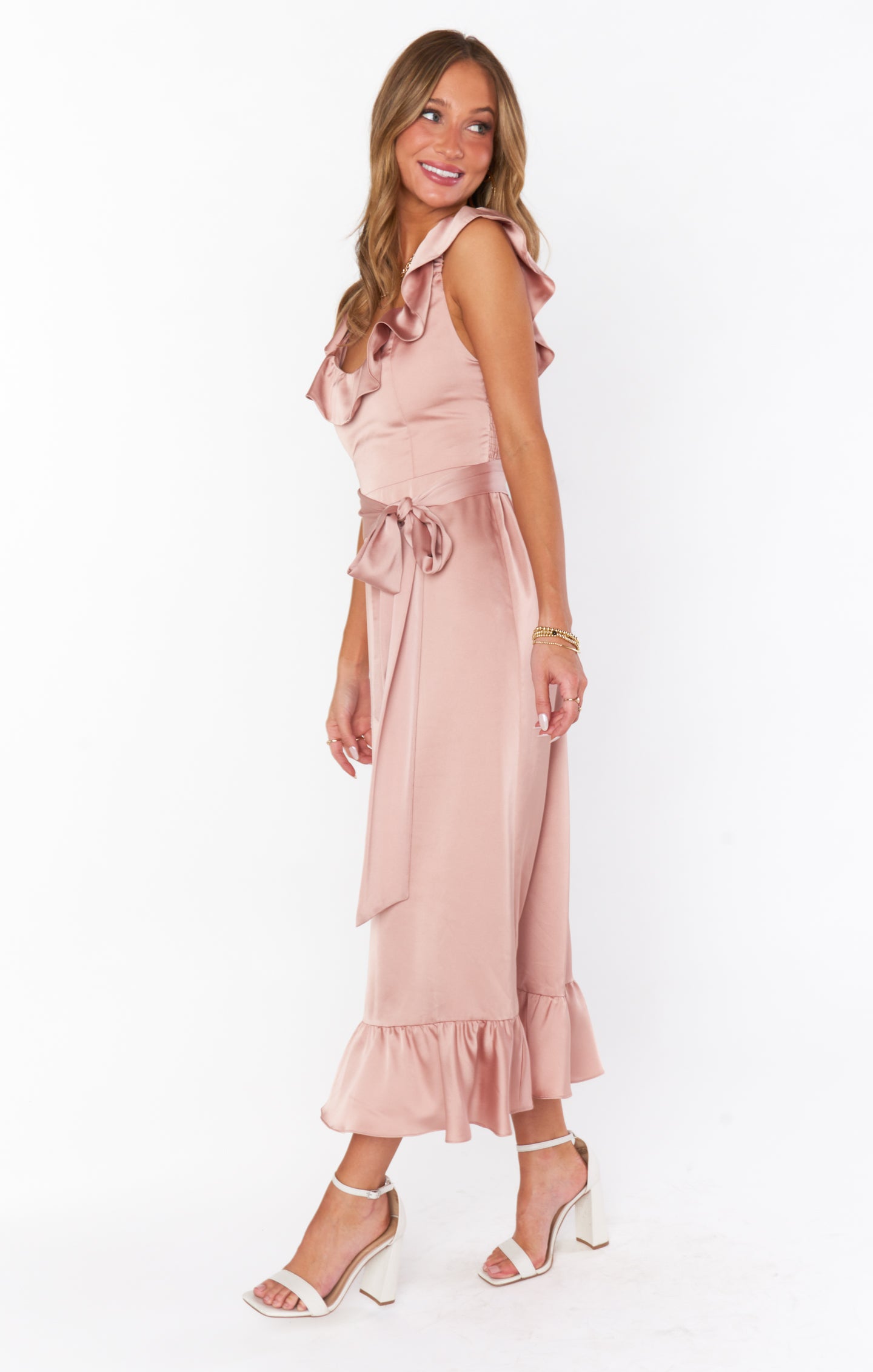 Alexis Ruffled Satin Midi Dress with Waist Ribbon