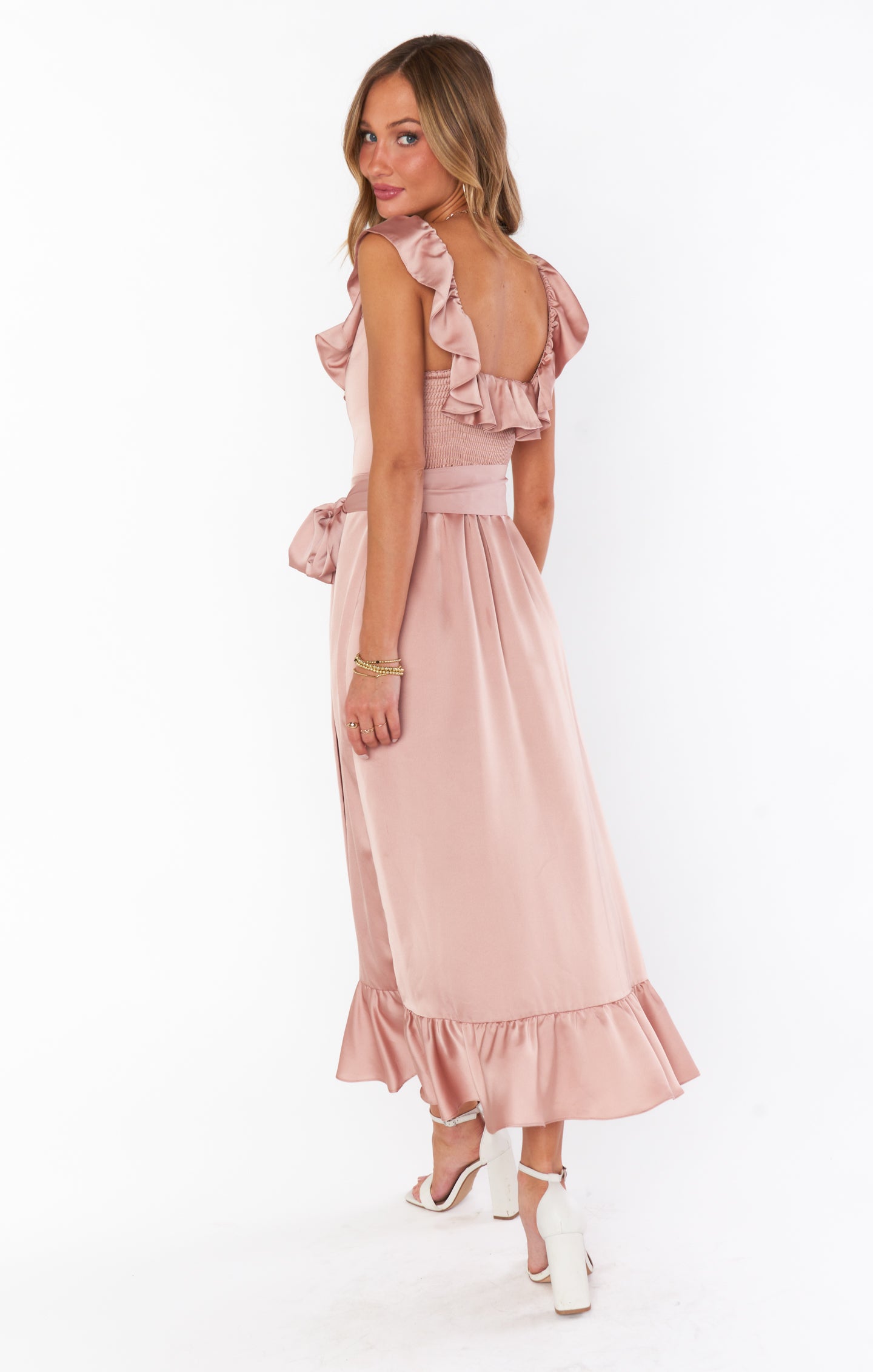 Alexis Ruffled Satin Midi Dress with Waist Ribbon