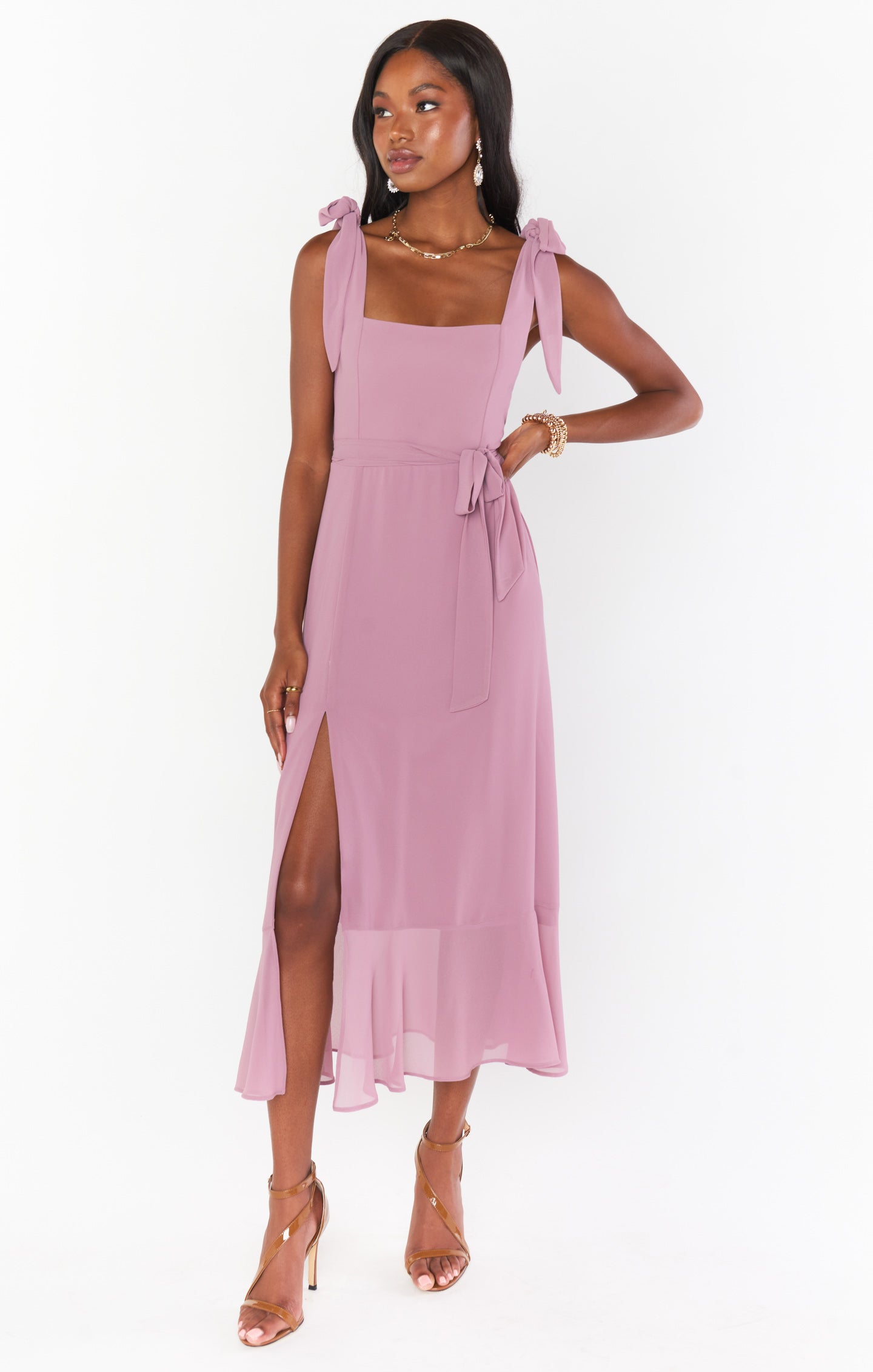 Claire Square Neck Midi Dress with Detachable Sash & Bows - Antique Rose Chiffon
