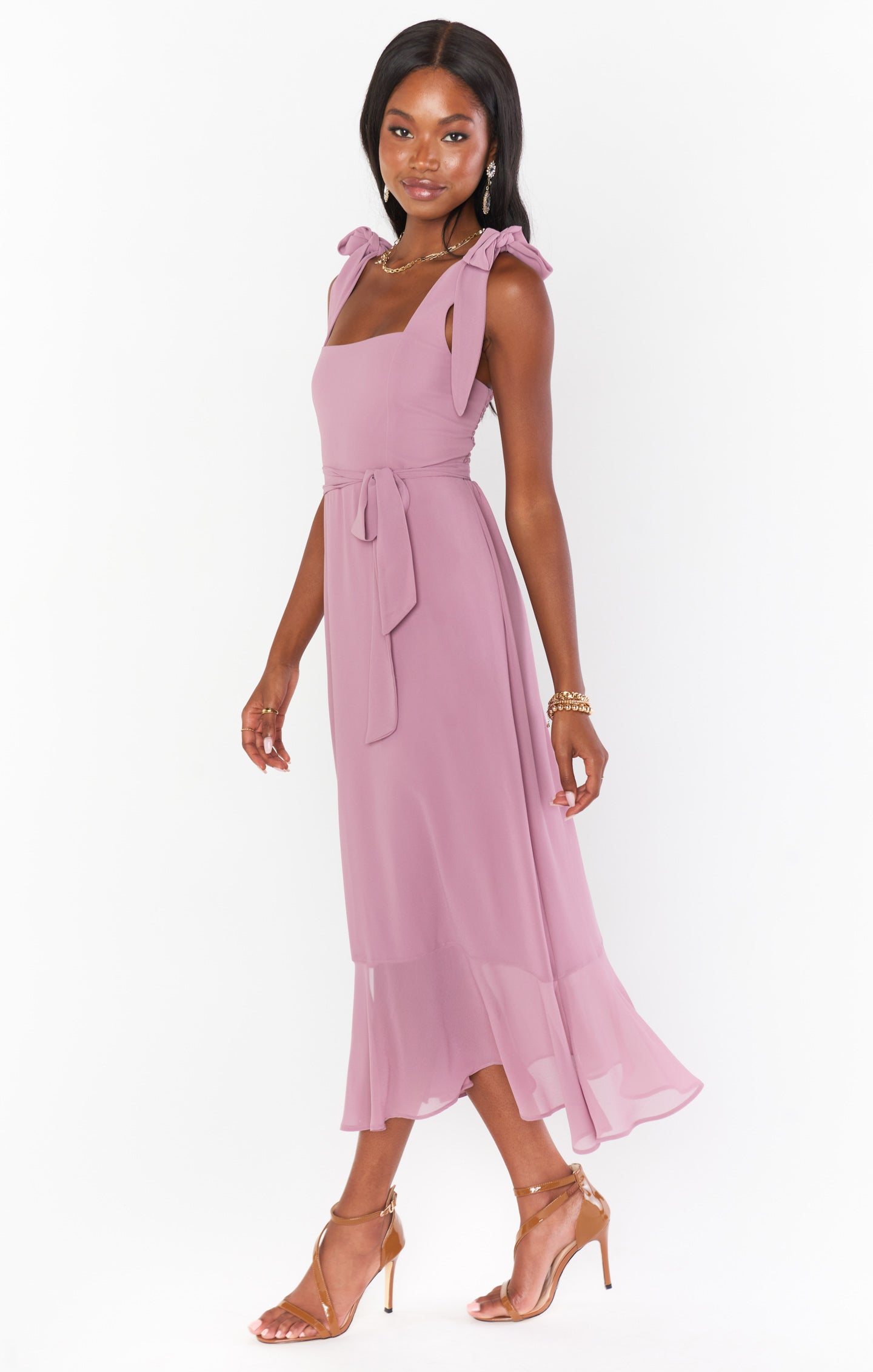 Claire Square Neck Midi Dress with Detachable Sash & Bows - Antique Rose Chiffon