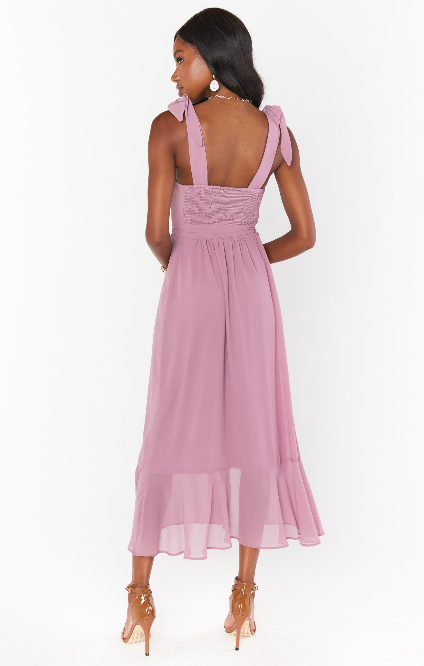 Claire Square Neck Midi Dress with Detachable Sash & Bows - Antique Rose Chiffon