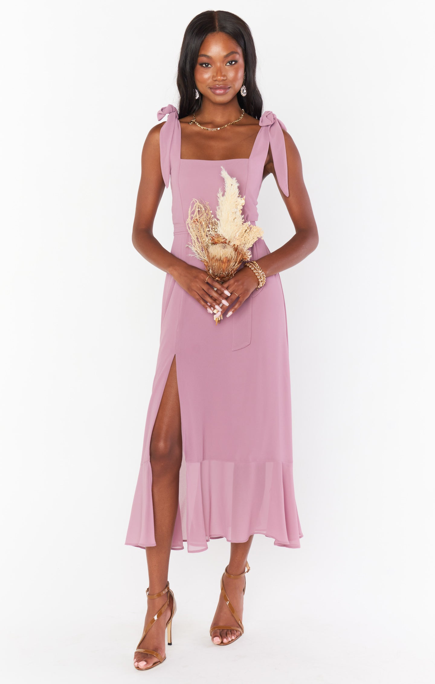 Claire Square Neck Midi Dress with Detachable Sash & Bows - Antique Rose Chiffon