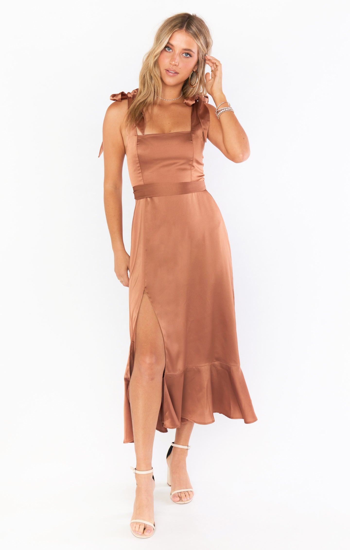 Copper Luxe Satin Claire Midi Dress with Detachable Sash & Bows