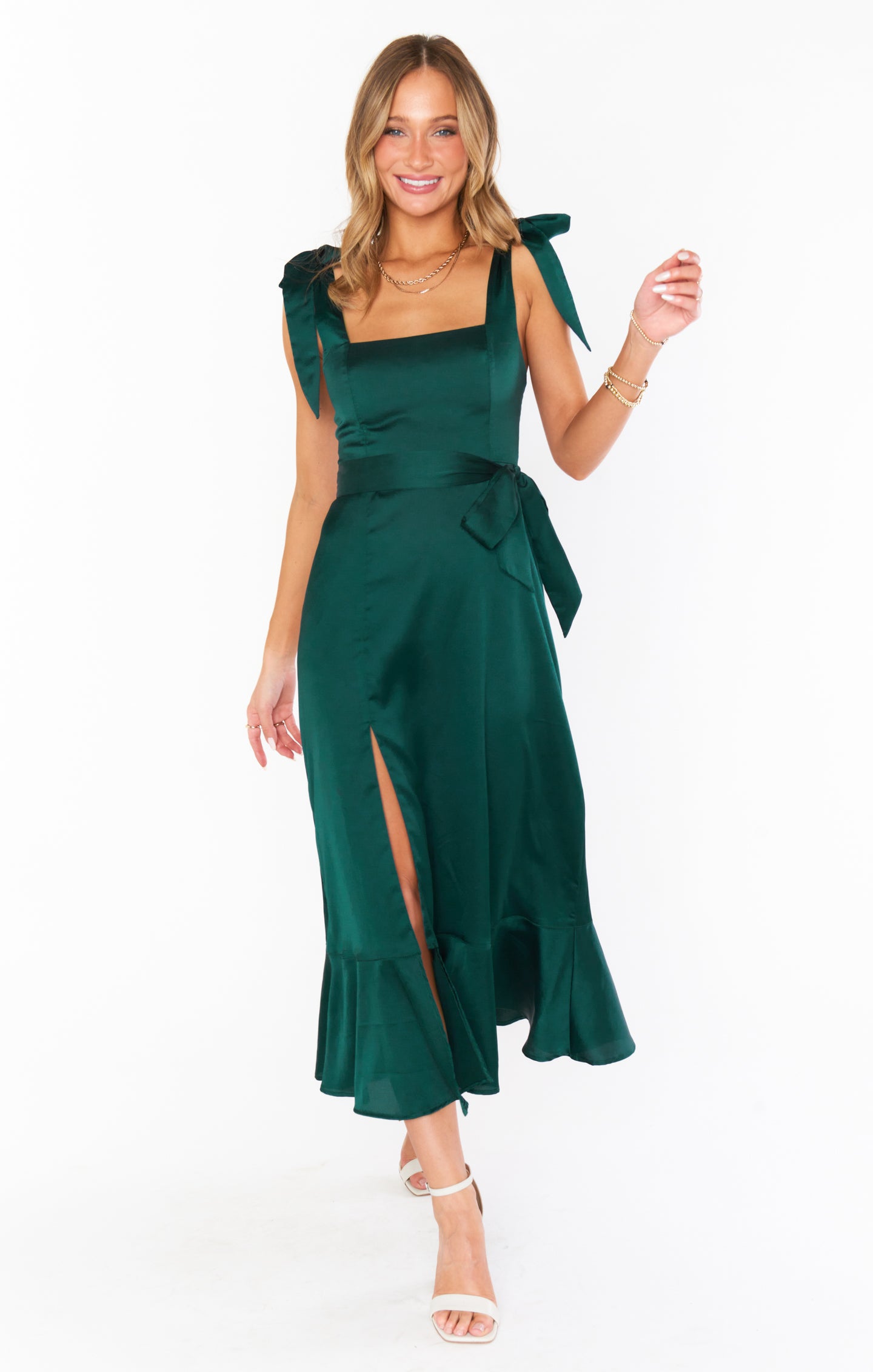 Emerald Green Satin Midi Dress with Detachable Sash & Bows