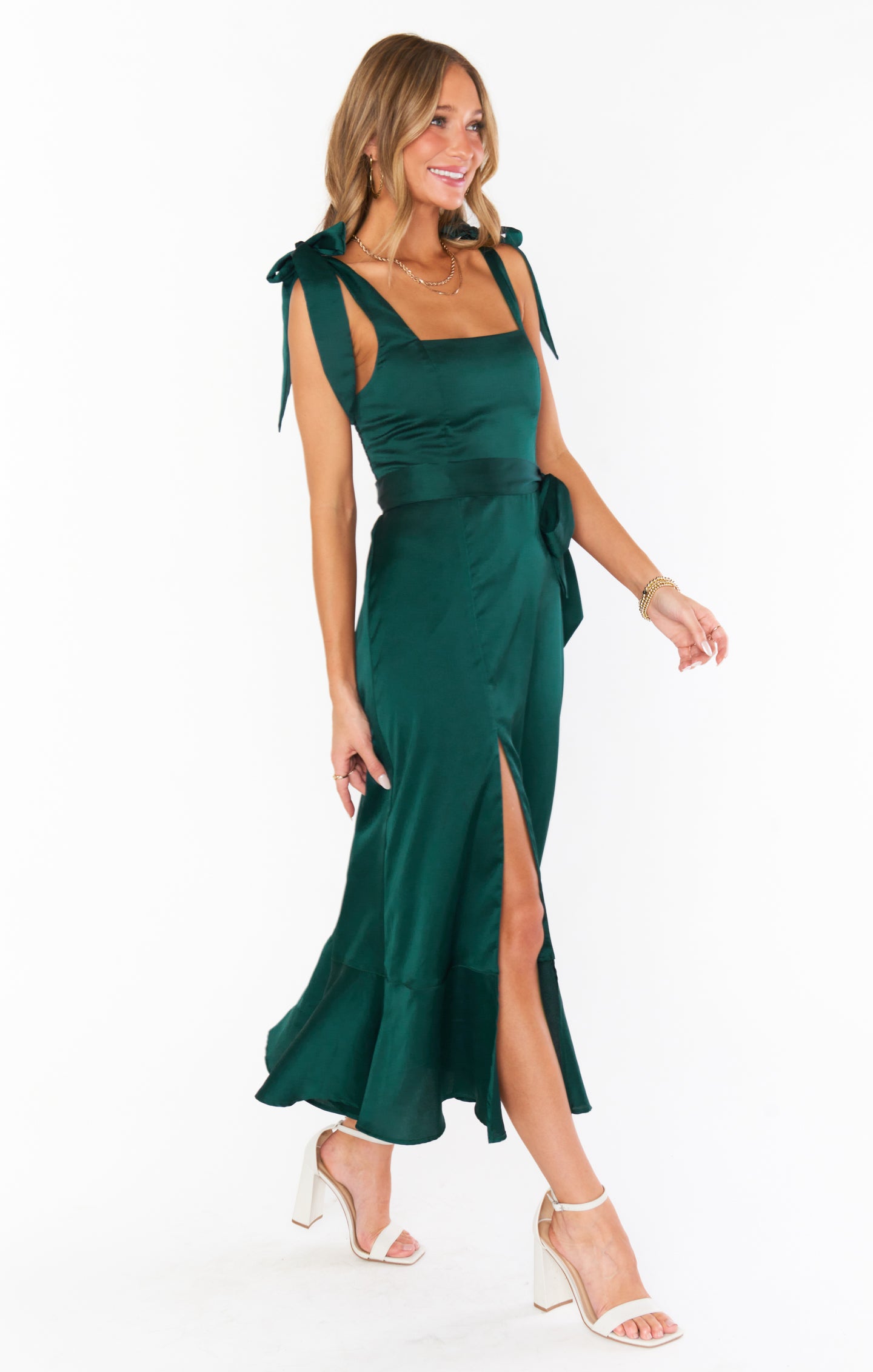 Emerald Green Satin Midi Dress with Detachable Sash & Bows