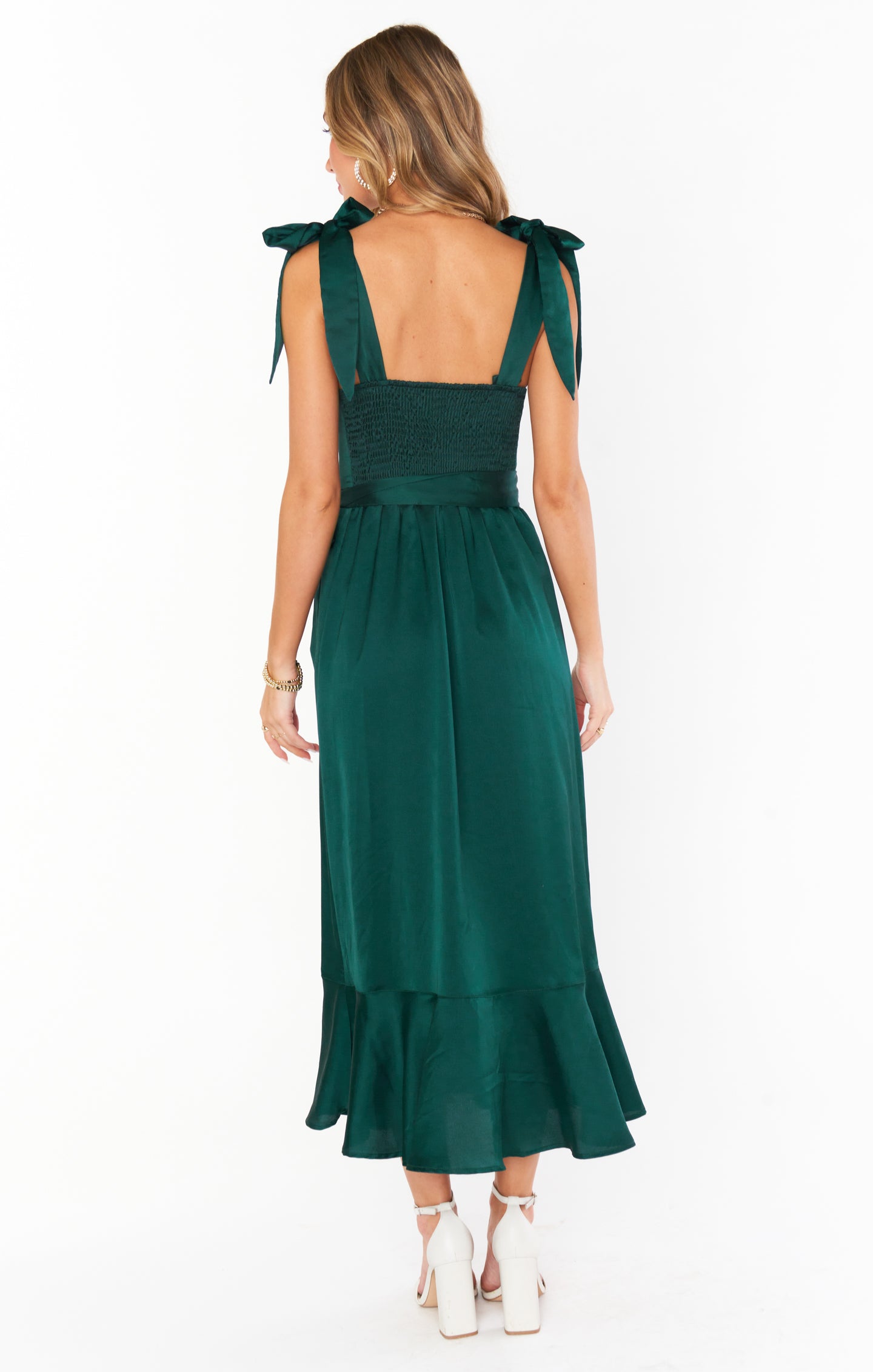 Emerald Green Satin Midi Dress with Detachable Sash & Bows