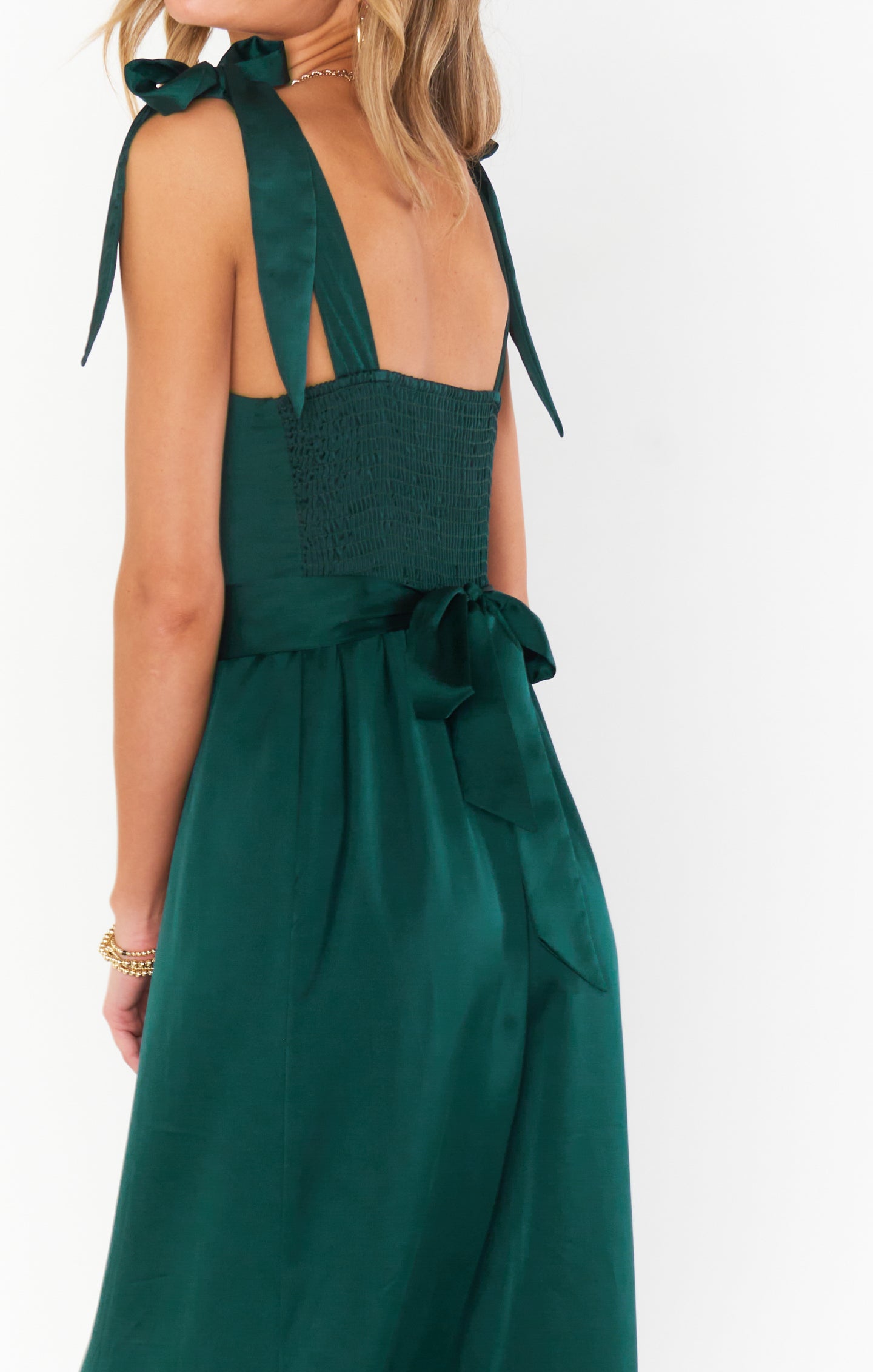 Emerald Green Satin Midi Dress with Detachable Sash & Bows