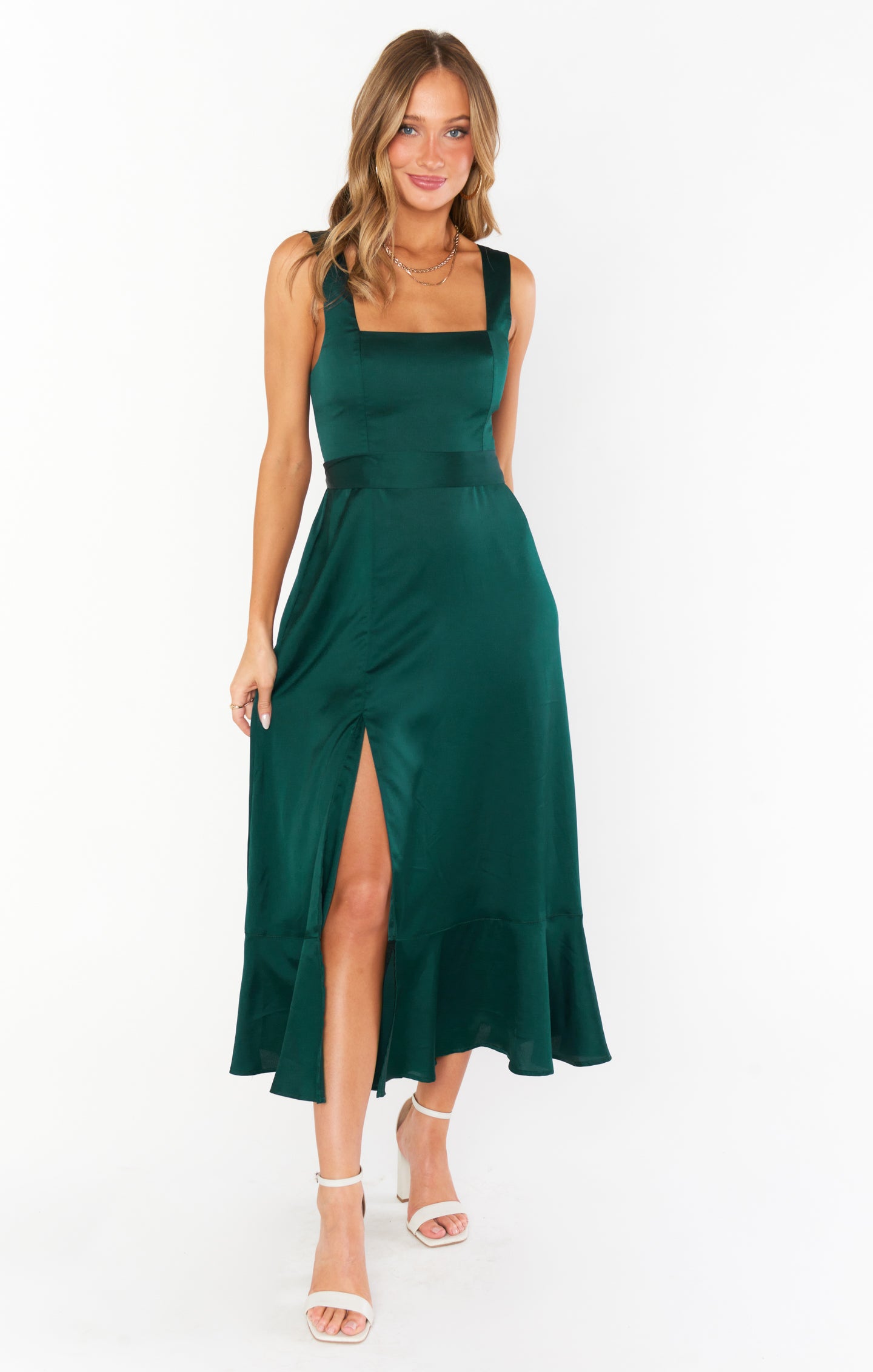 Emerald Green Satin Midi Dress with Detachable Sash & Bows