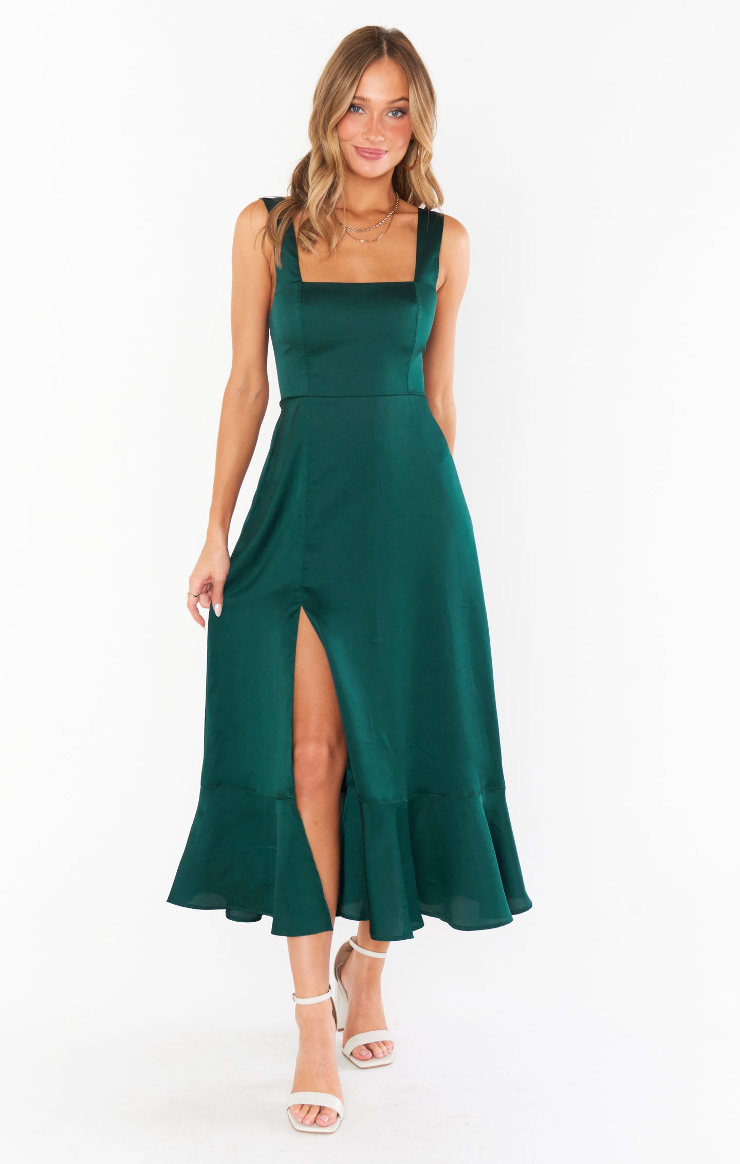 Emerald Green Satin Midi Dress with Detachable Sash & Bows