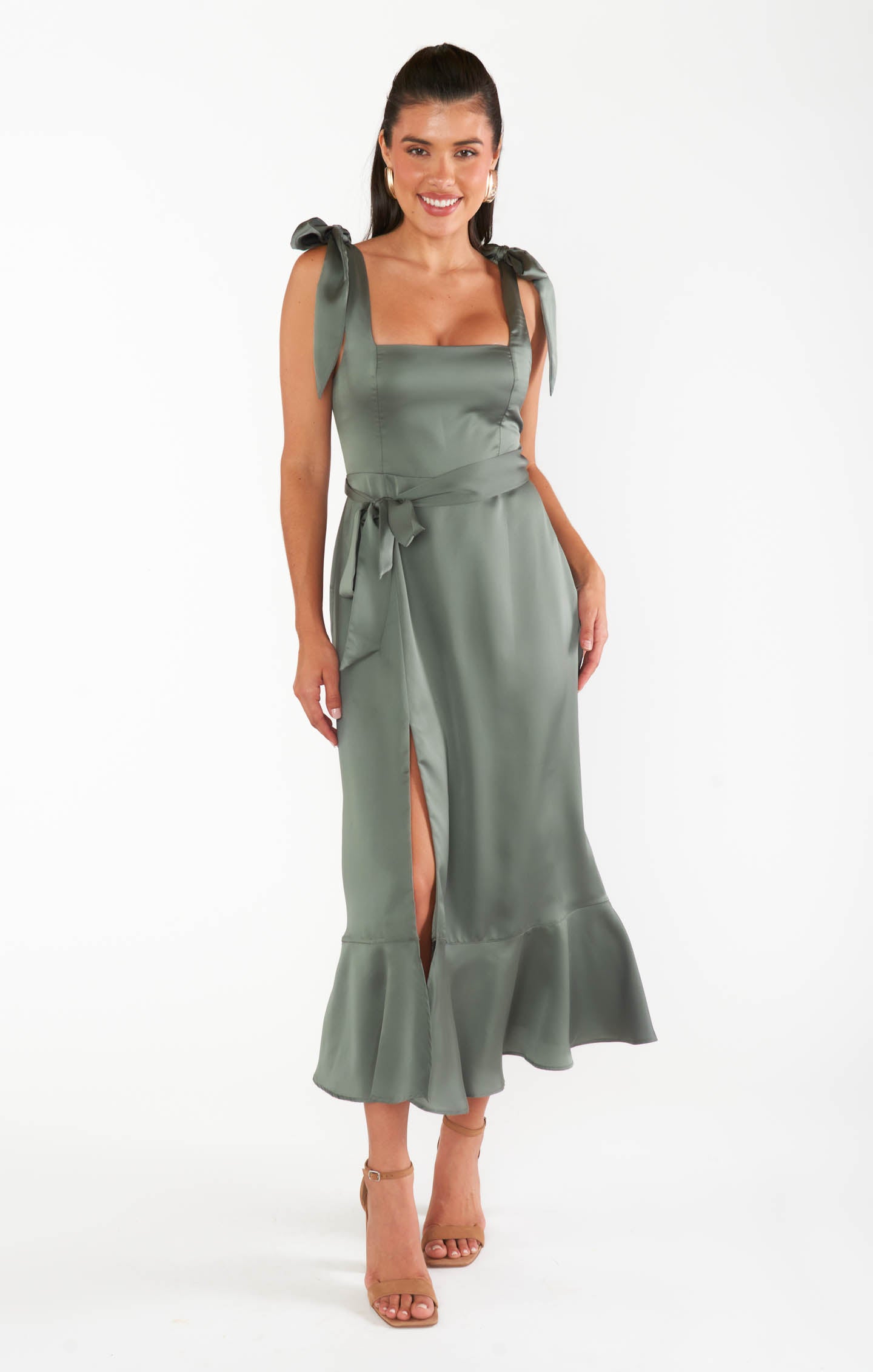 Claire Satin Midi Dress with Detachable Sash & Bows - Deep Sage