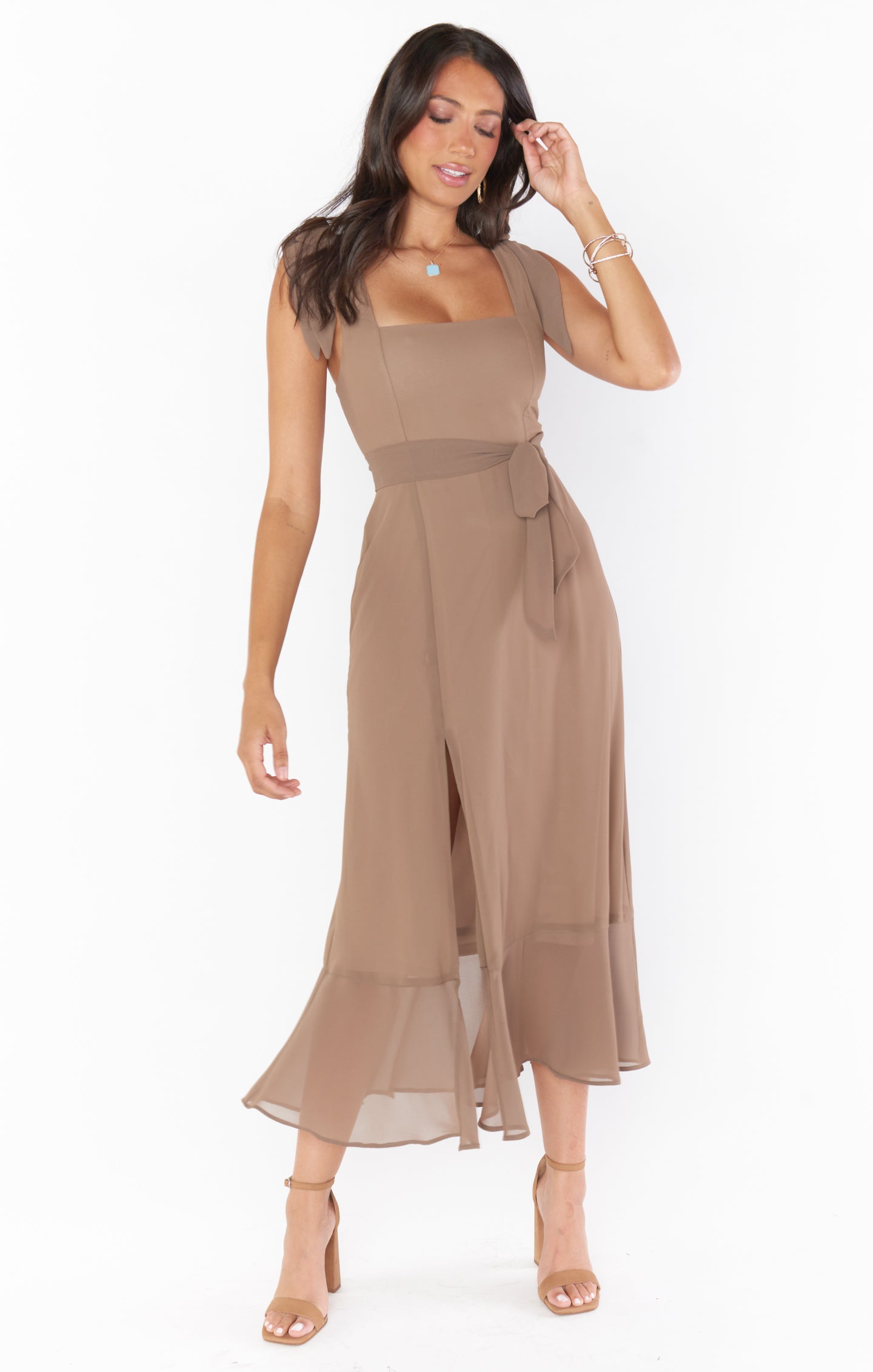 Claire Square Neck Midi Dress with Smocked Back & Detachable Sash