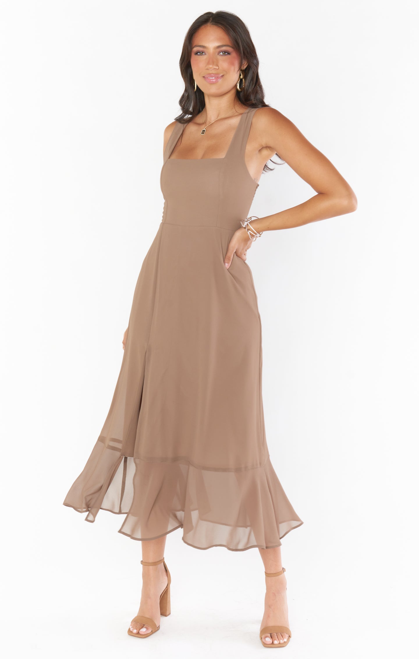 Claire Square Neck Midi Dress with Smocked Back & Detachable Sash