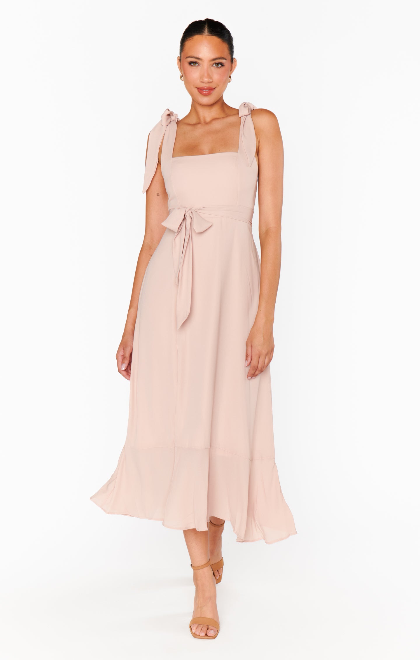 Square Neck Smocked Midi Dress with Detachable Sash - Dusty Blush