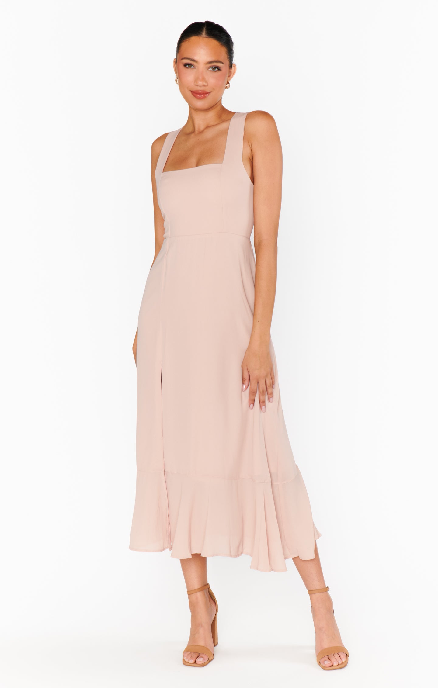 Square Neck Smocked Midi Dress with Detachable Sash - Dusty Blush