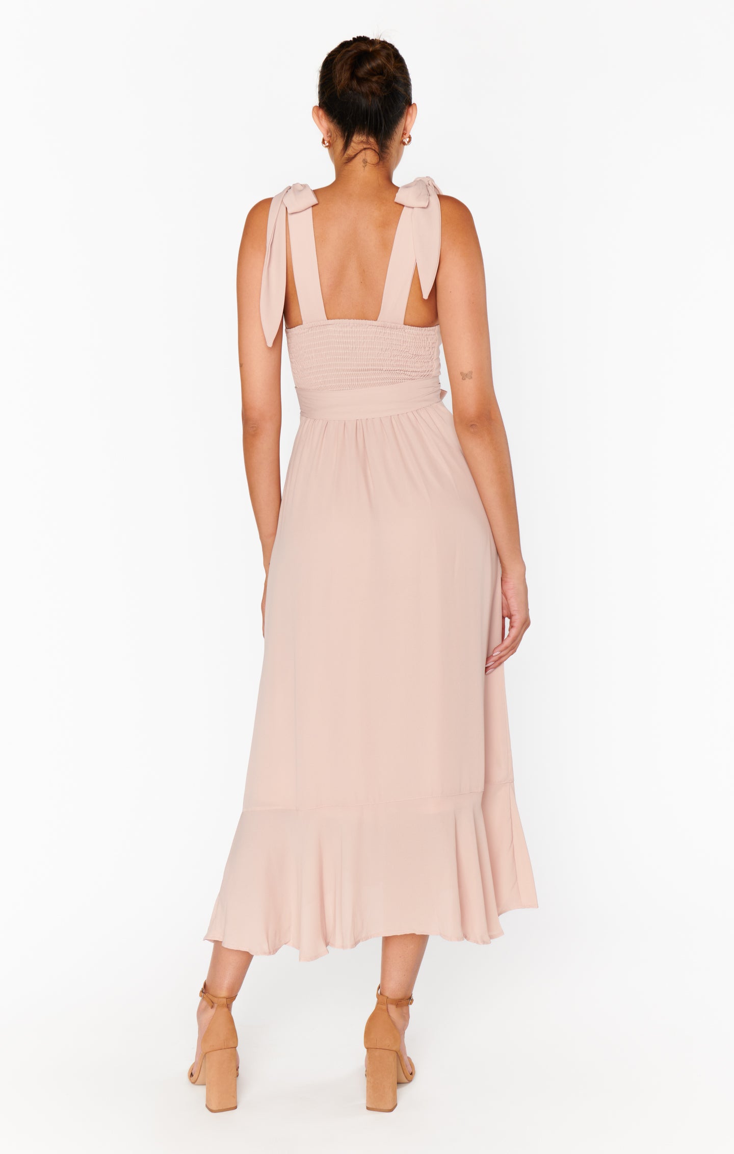 Square Neck Smocked Midi Dress with Detachable Sash - Dusty Blush