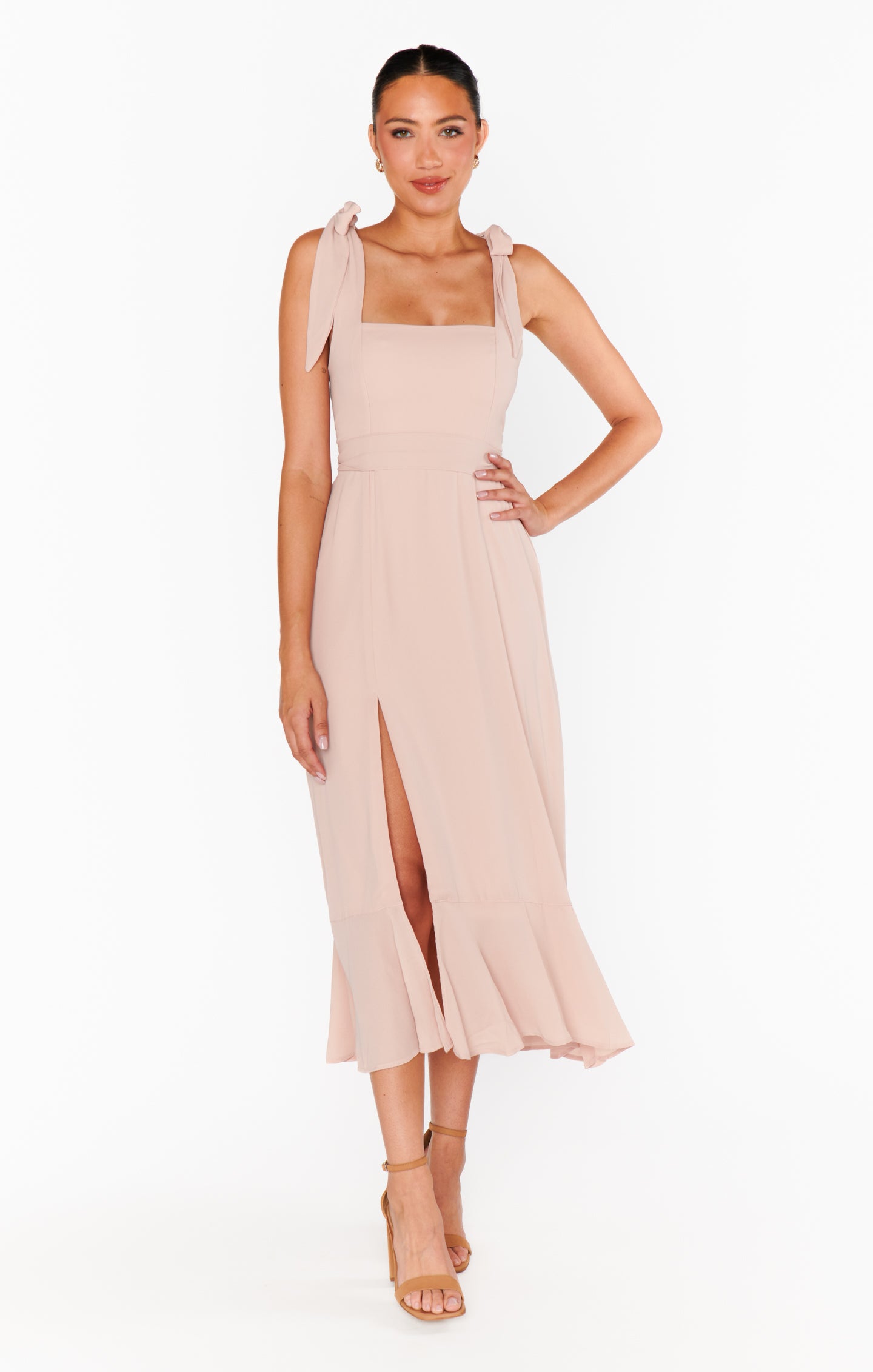 Square Neck Smocked Midi Dress with Detachable Sash - Dusty Blush