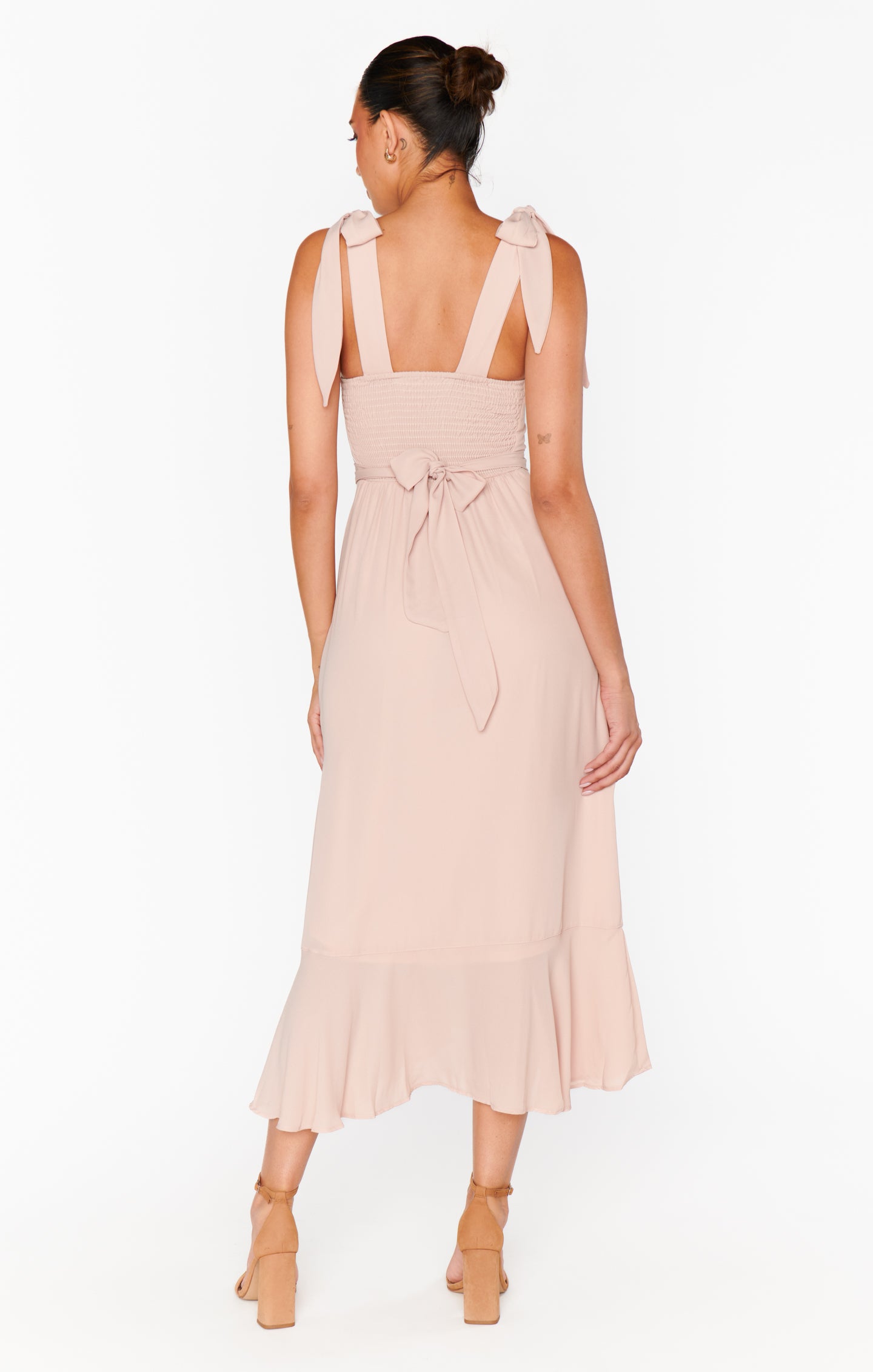 Square Neck Smocked Midi Dress with Detachable Sash - Dusty Blush