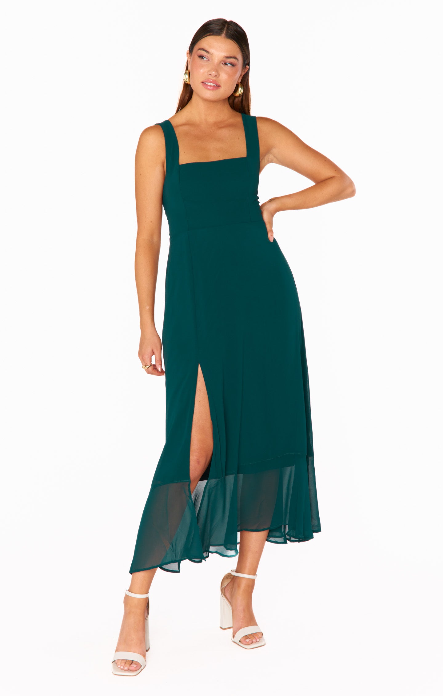 Emerald Chiffon Square Neck Midi Dress with Detachable Sash
