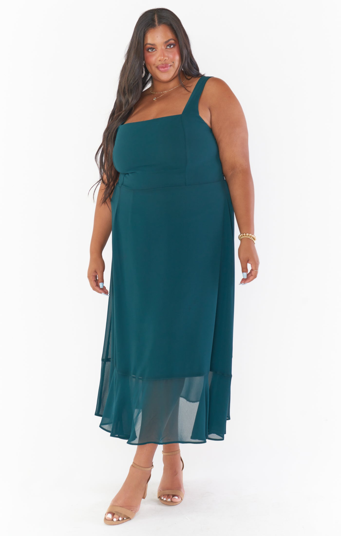 Emerald Chiffon Square Neck Midi Dress with Detachable Sash