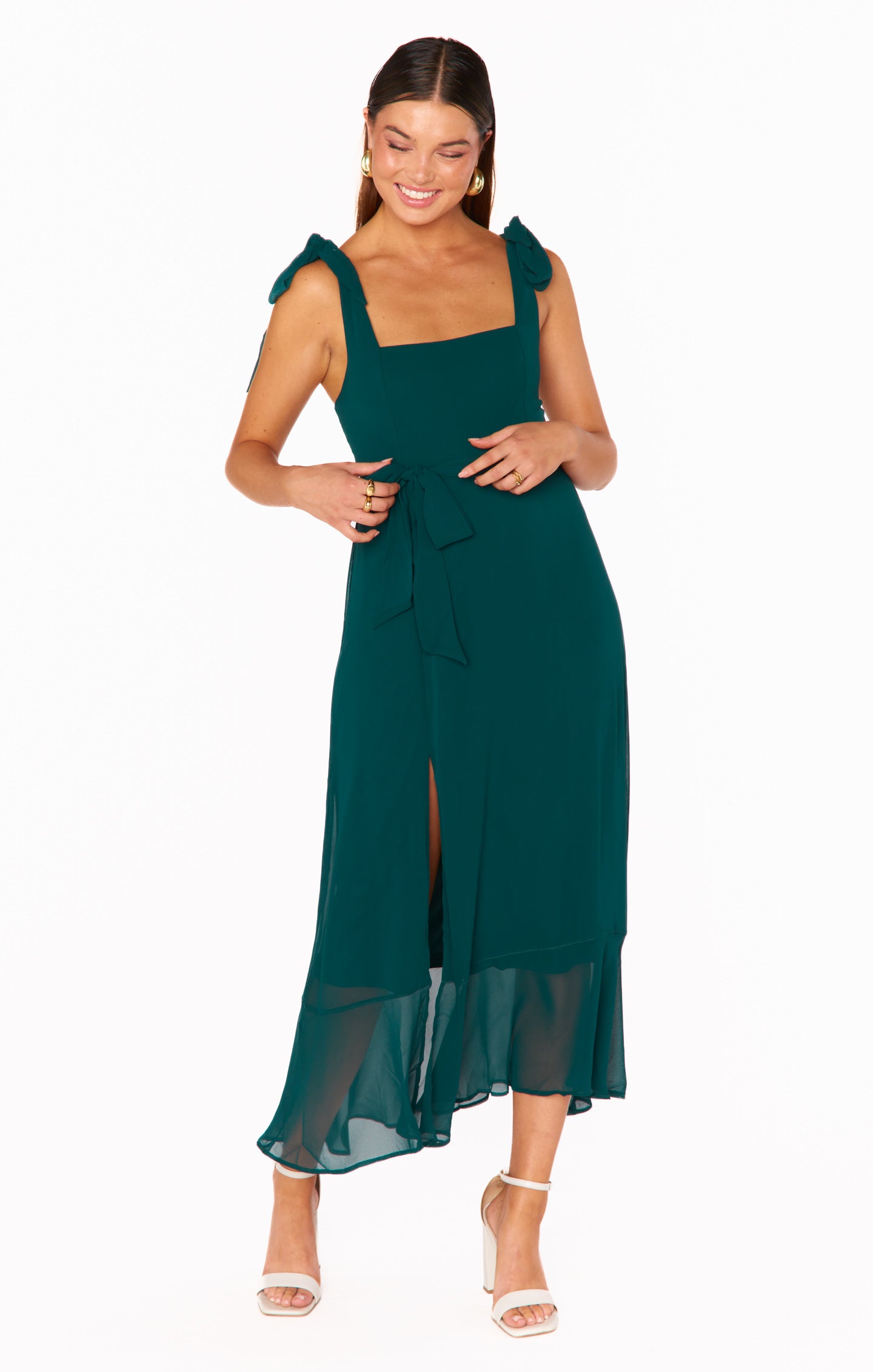 Emerald Chiffon Square Neck Midi Dress with Detachable Sash