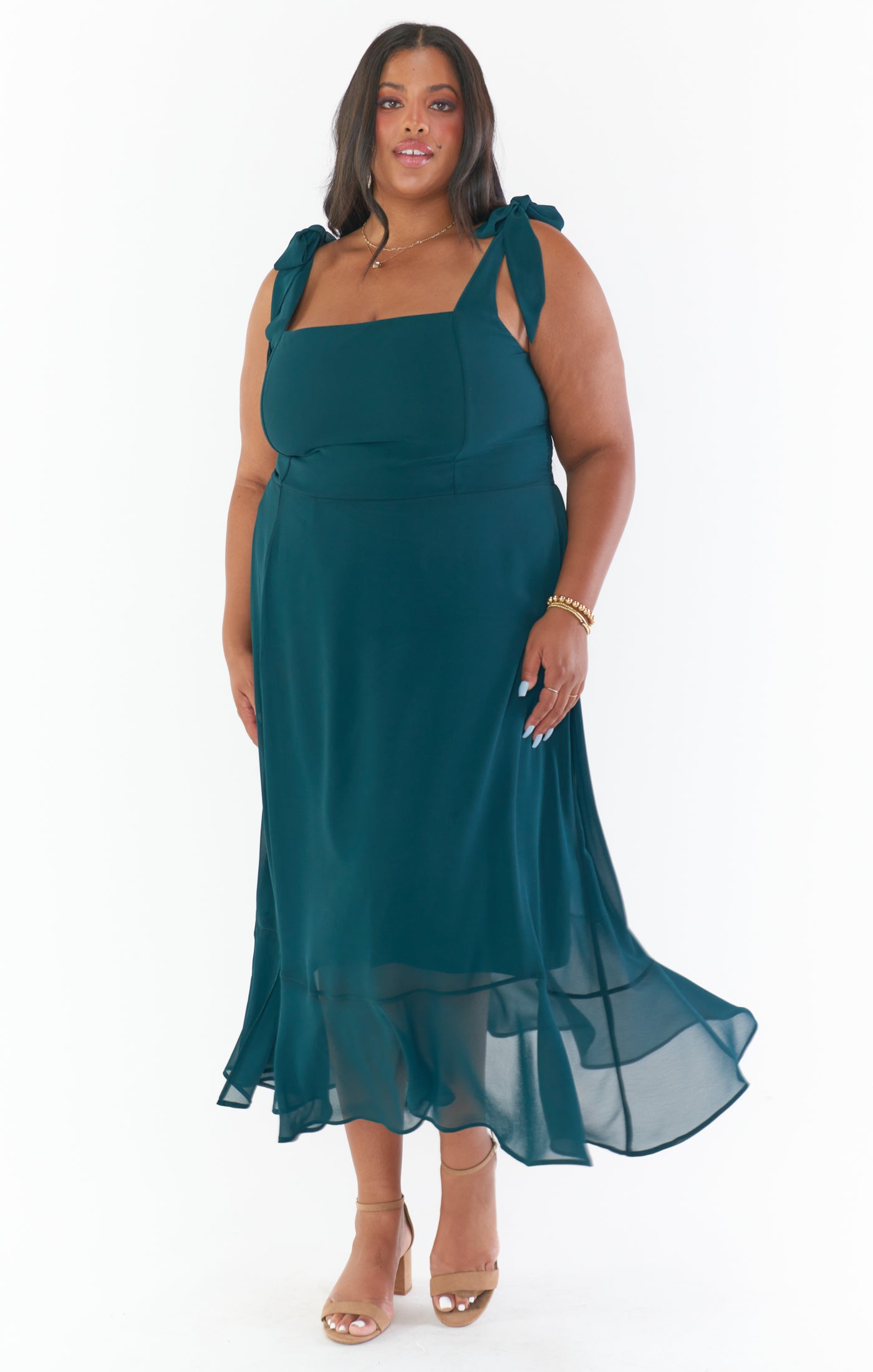 Emerald Chiffon Square Neck Midi Dress with Detachable Sash
