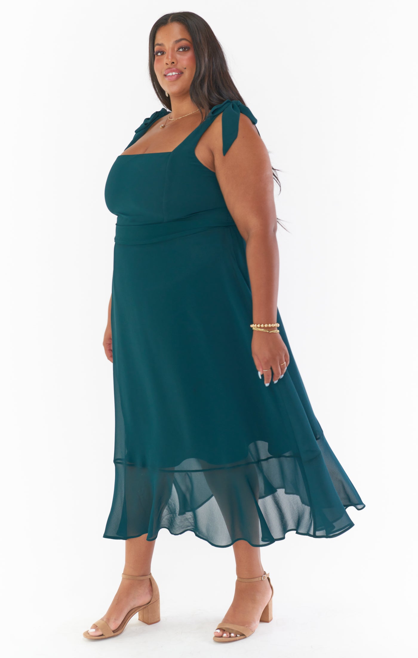 Emerald Chiffon Square Neck Midi Dress with Detachable Sash