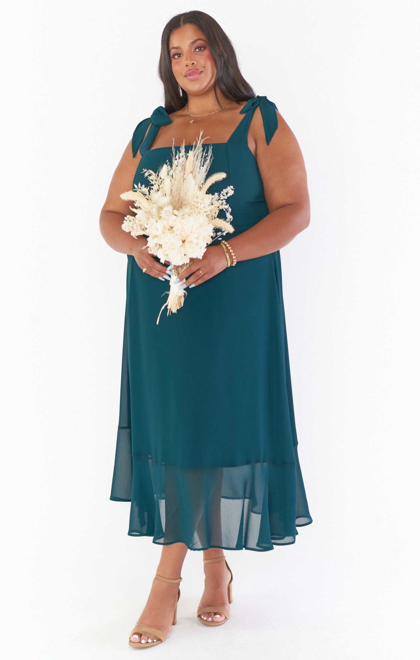 Emerald Chiffon Square Neck Midi Dress with Detachable Sash