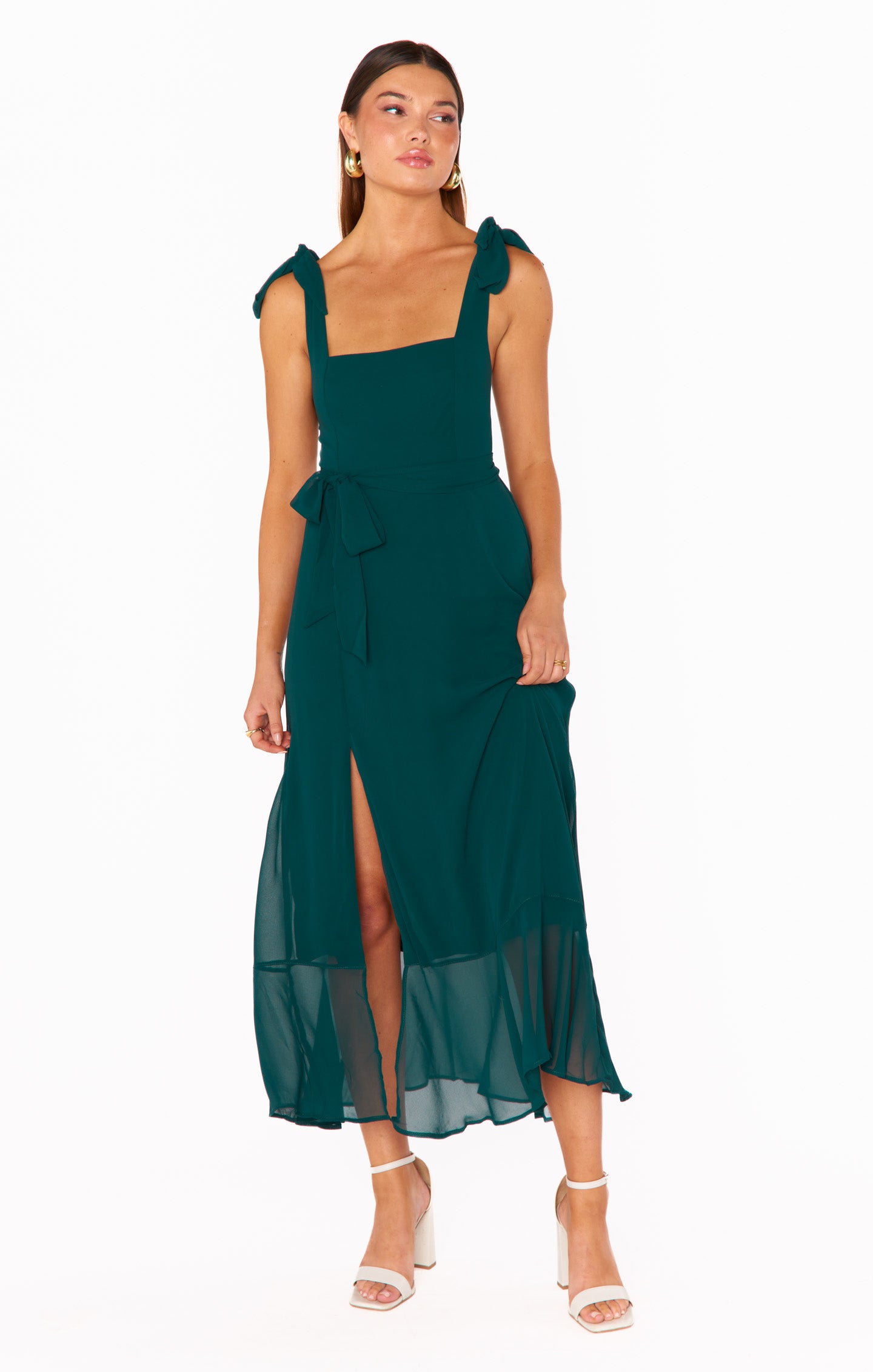 Emerald Chiffon Square Neck Midi Dress with Detachable Sash