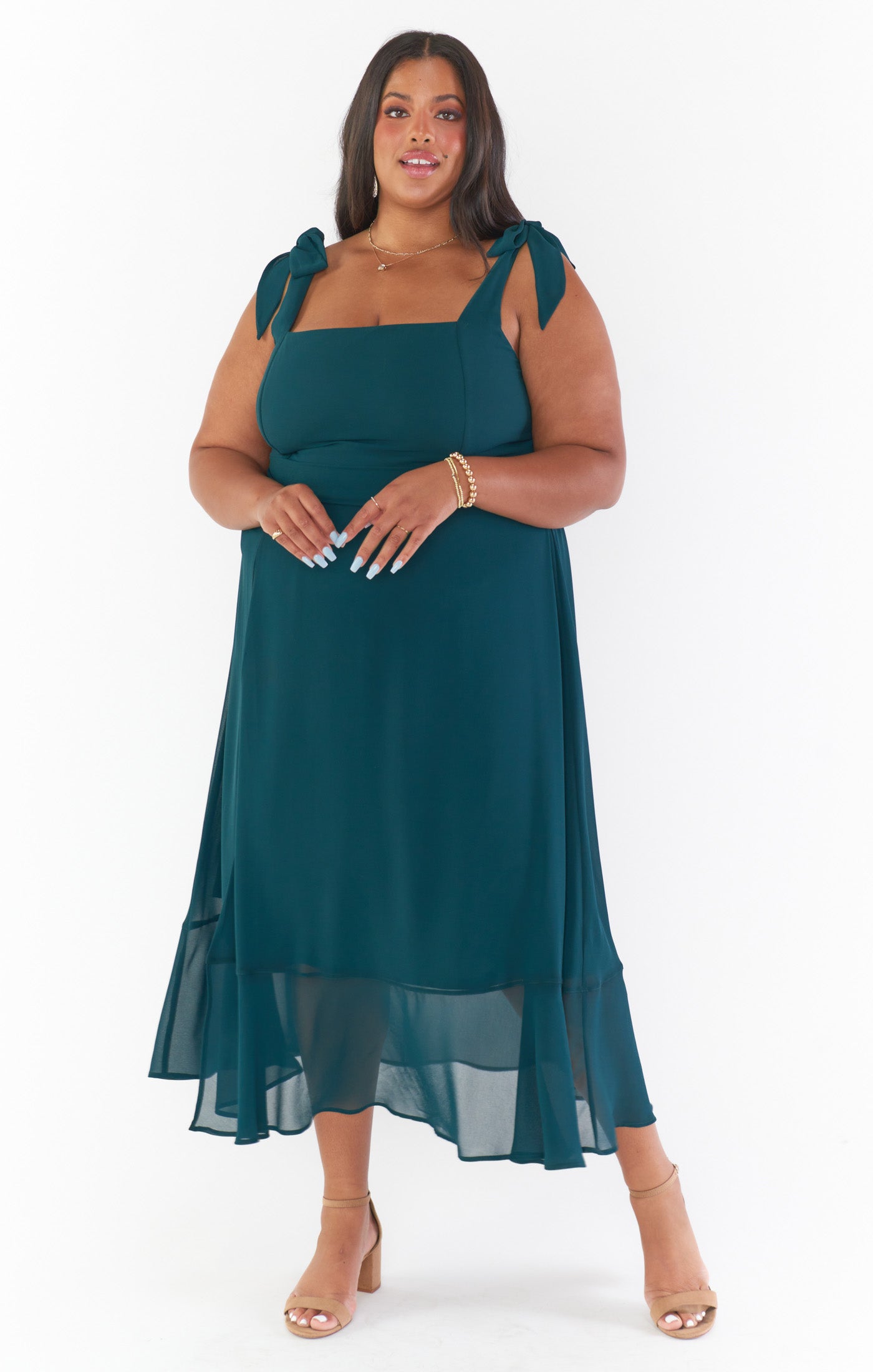 Emerald Chiffon Square Neck Midi Dress with Detachable Sash